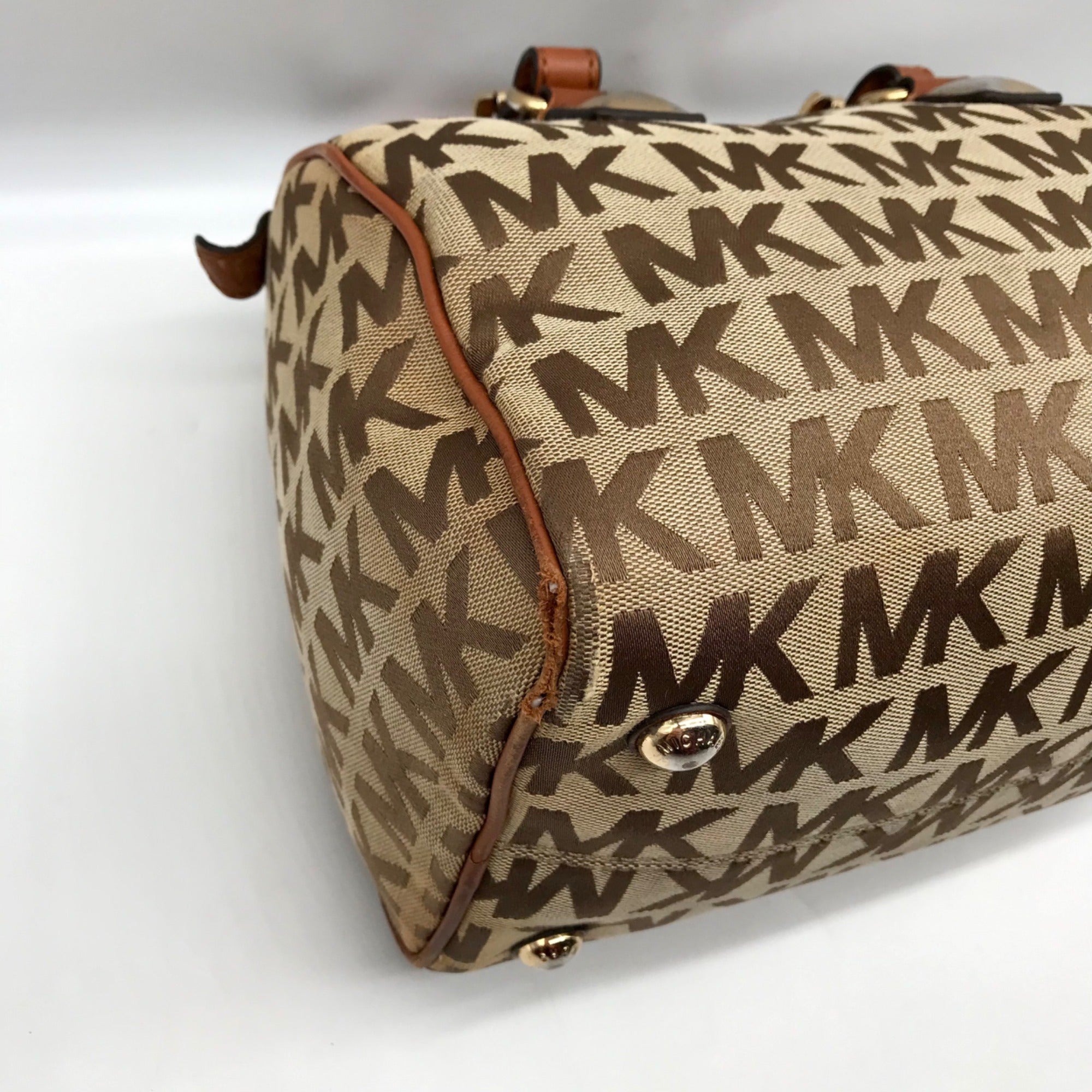 Michael Kors Khaki Monogram Canvas Grayson Satchel Bag