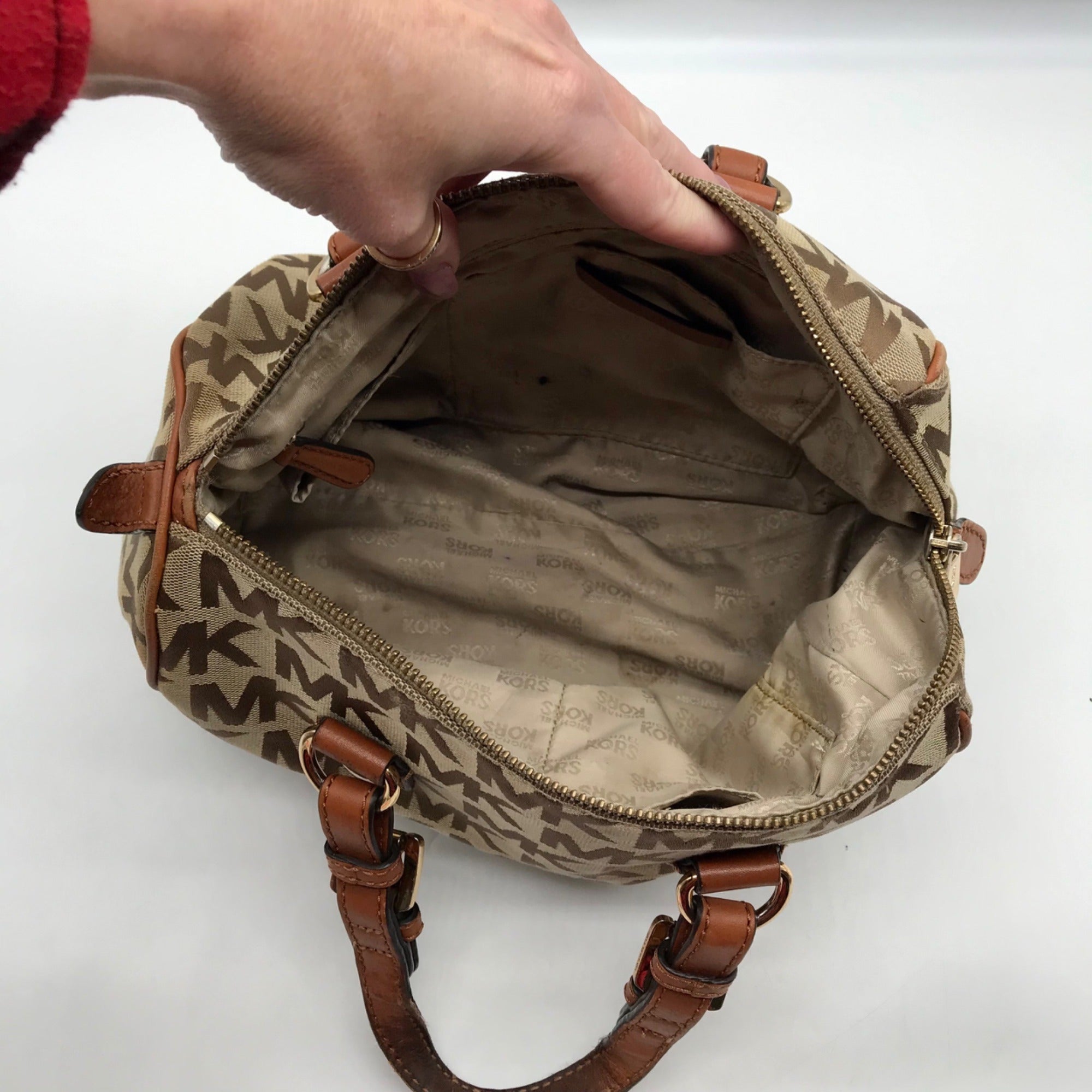 Michael Kors Khaki Monogram Canvas Grayson Satchel Bag