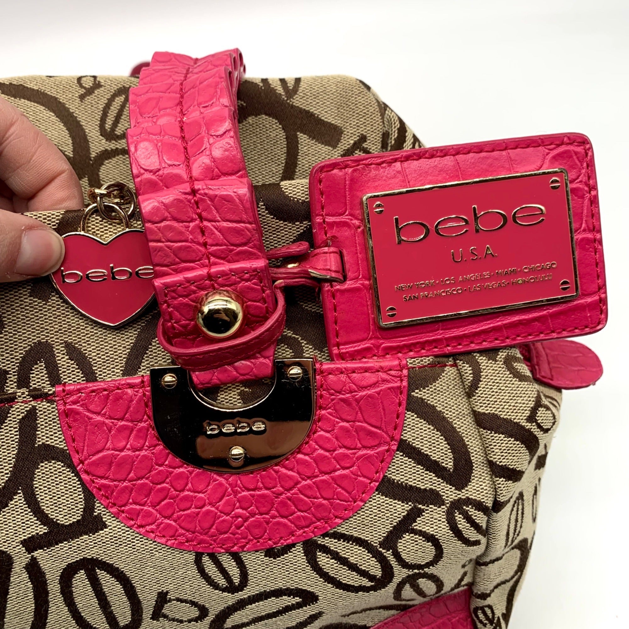 Bebe Tan and Pink Monogram Canvas Shoulder Bag