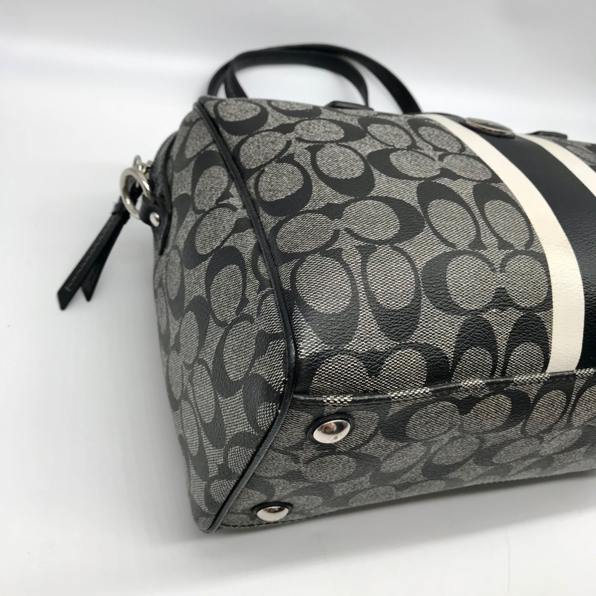 Coach Gray And Black Leather Signature Stripe Satchel Bag F24362