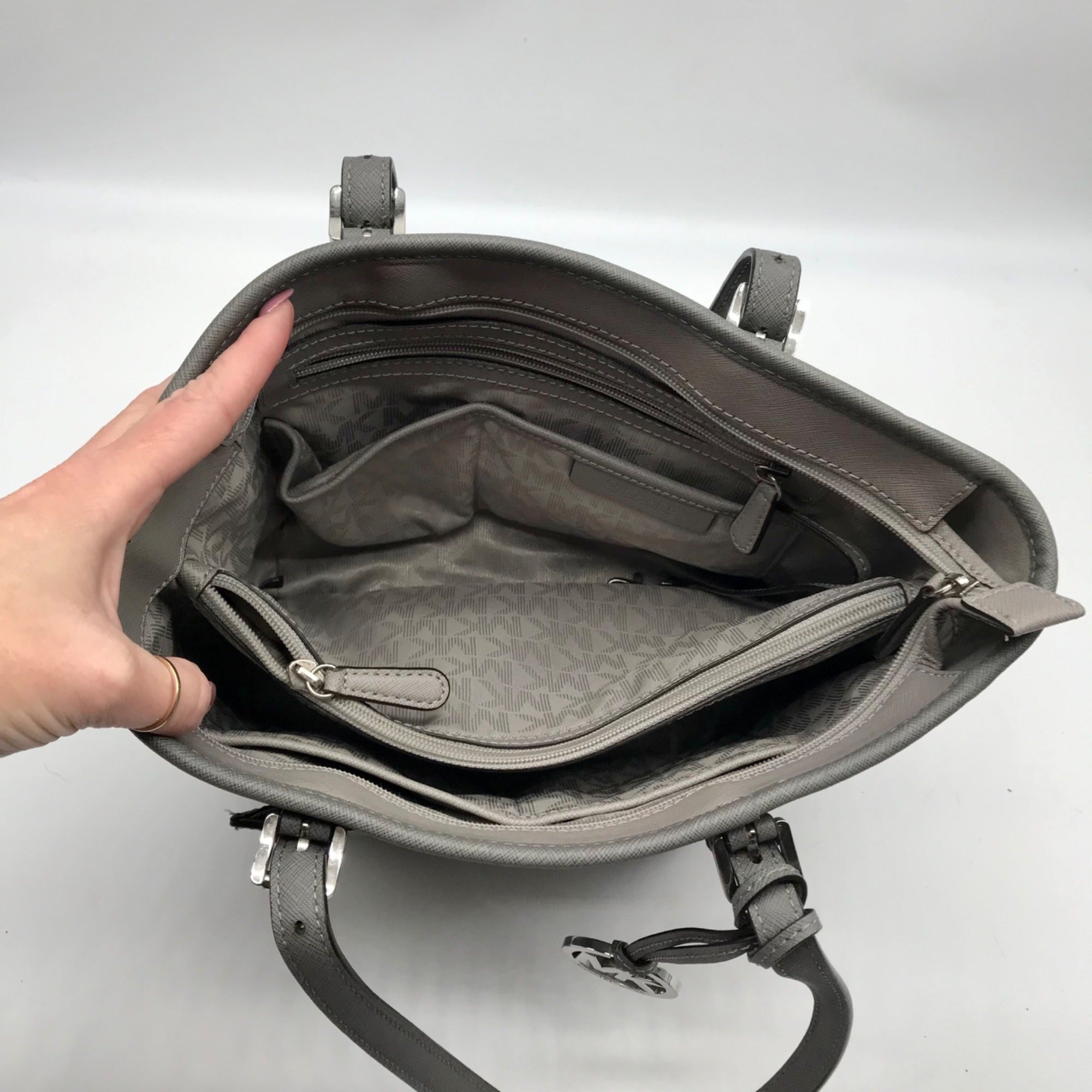 Michael Kors Gray Saffiano Leather Jet Set Pocket Tote Bag
