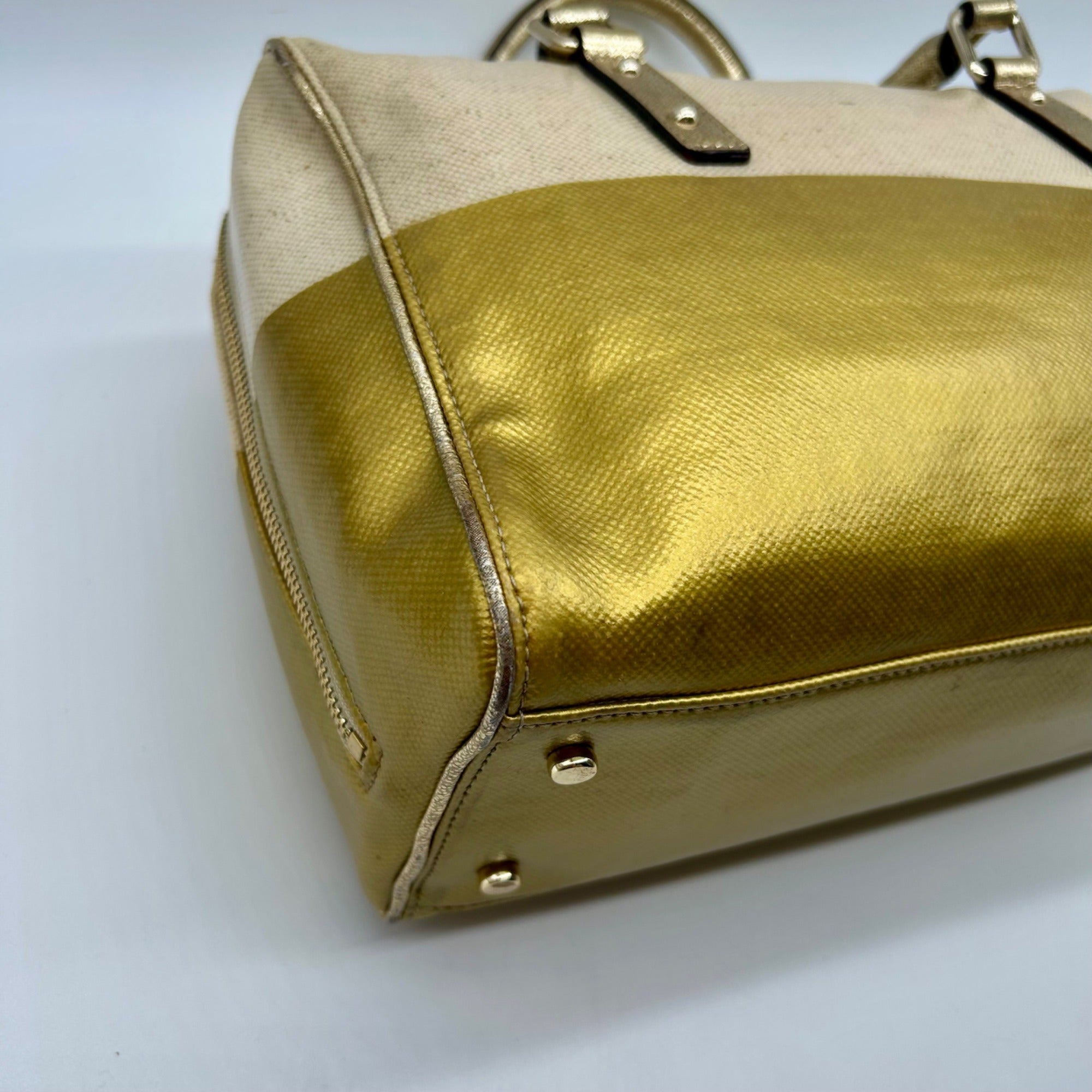 Kate Spade Beige Melinda Flicker Metallic Gold Satchel Bag