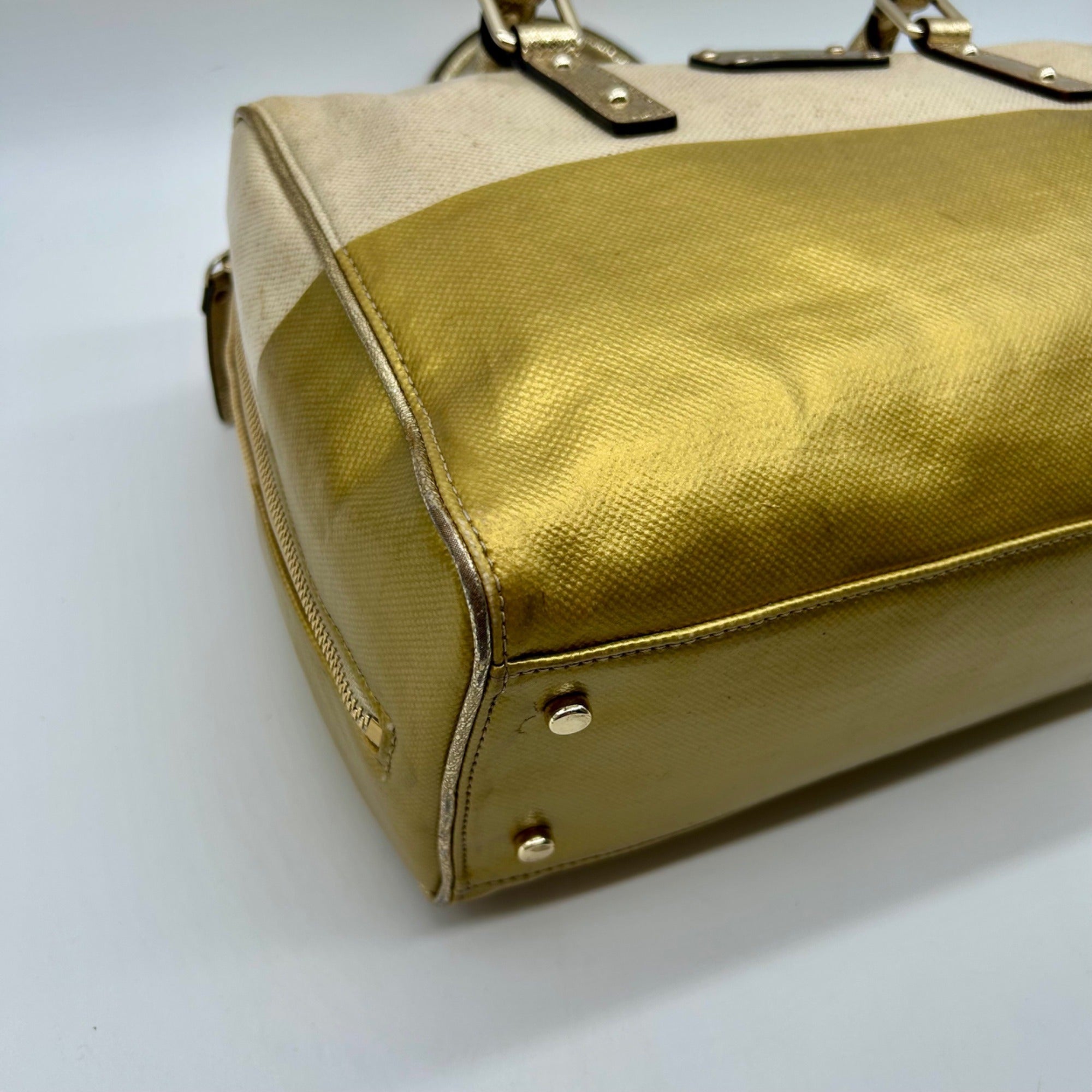 Kate Spade Beige Melinda Flicker Metallic Gold Satchel Bag