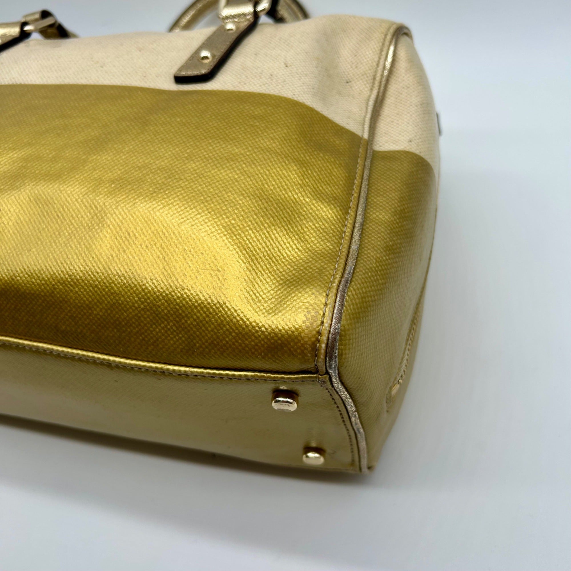 Kate Spade Beige Melinda Flicker Metallic Gold Satchel Bag