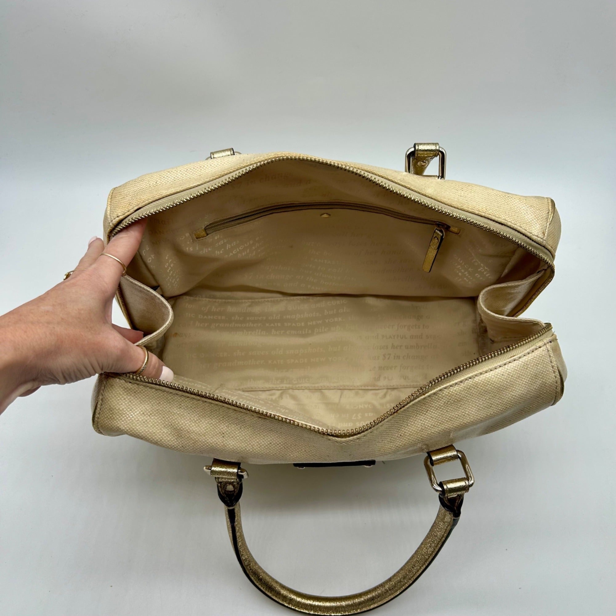 Kate Spade Beige Melinda Flicker Metallic Gold Satchel Bag