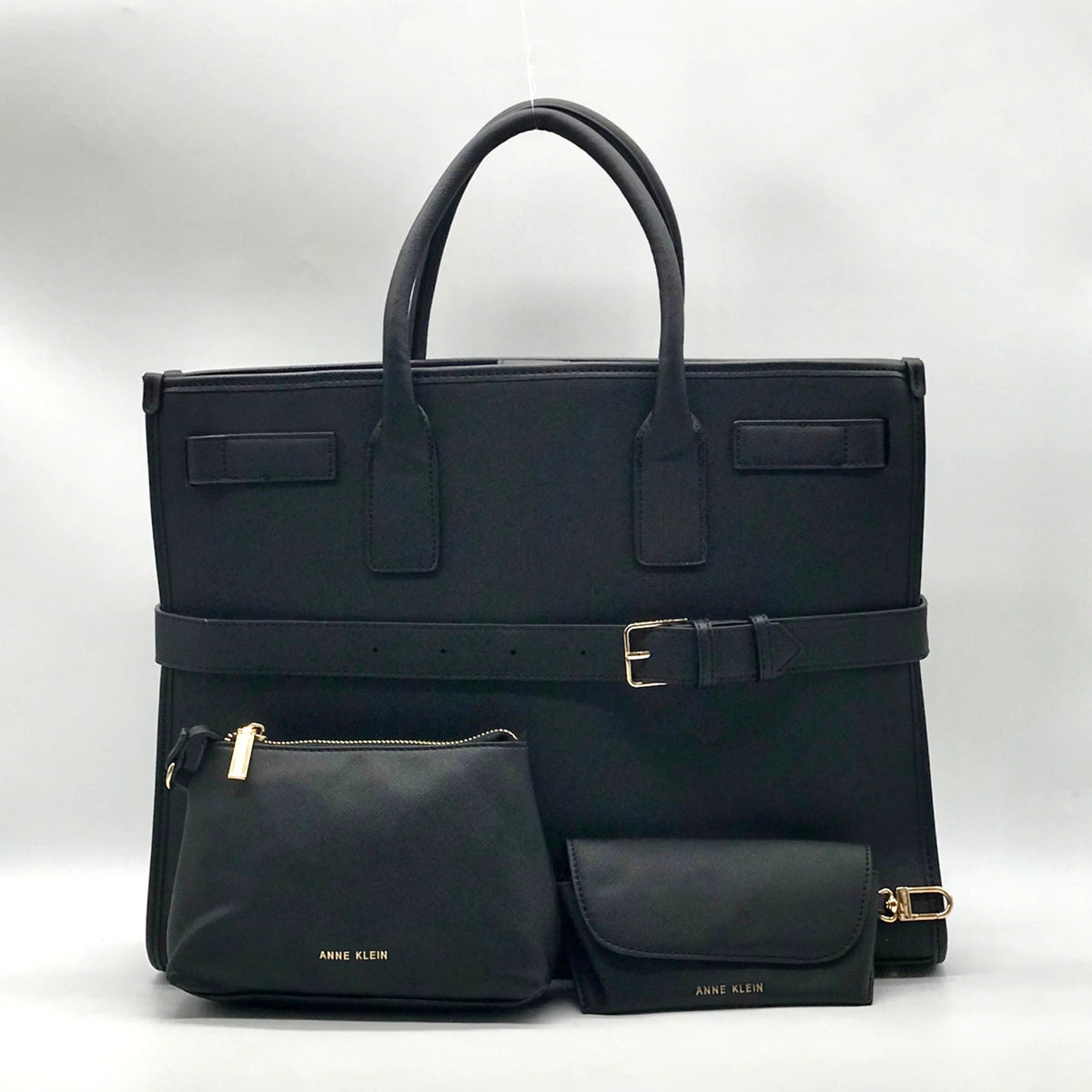 Anne Klein Black Faux Saffiano Leather Large Tote Bag Set