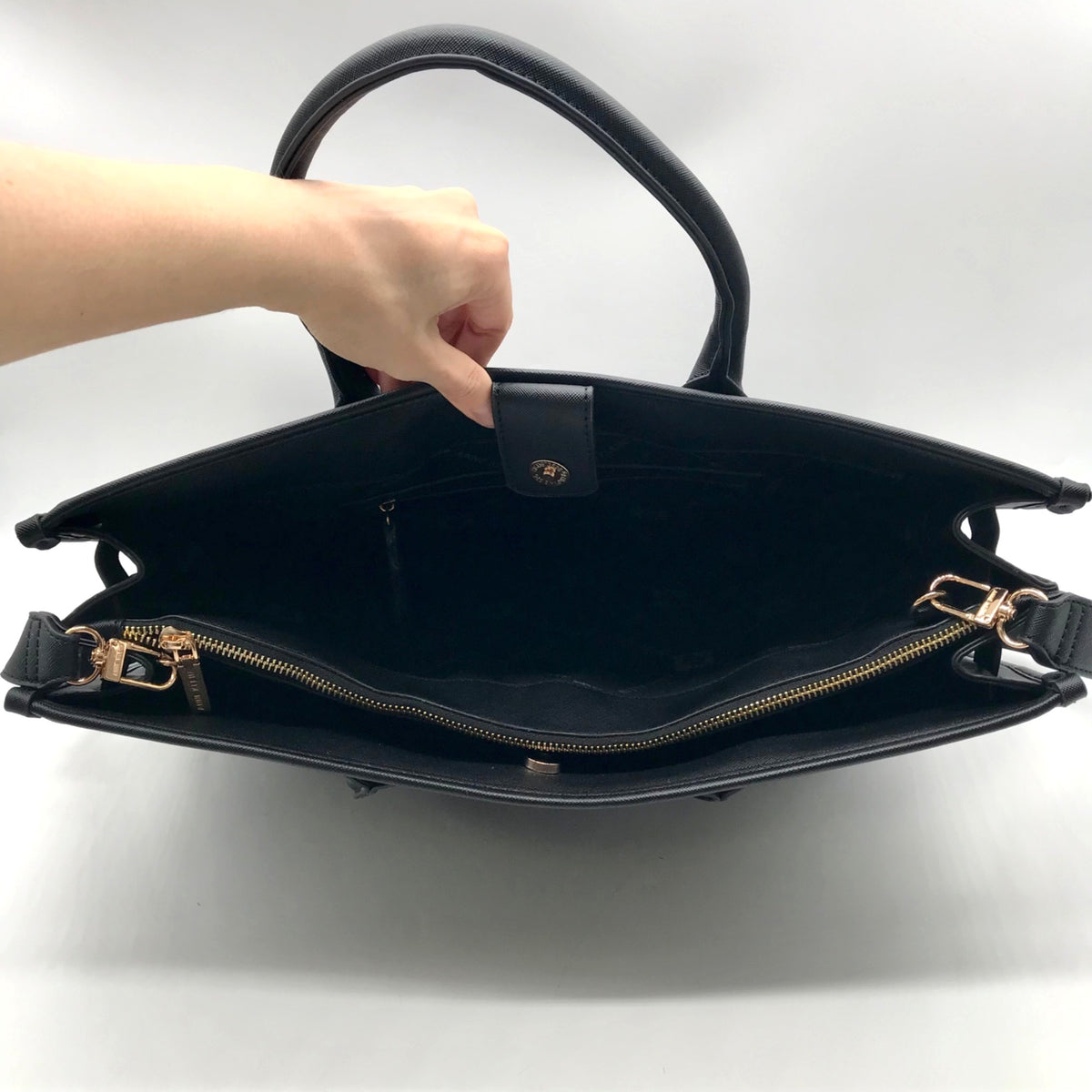 Anne Klein Black Faux Saffiano Leather Large Tote Bag Set