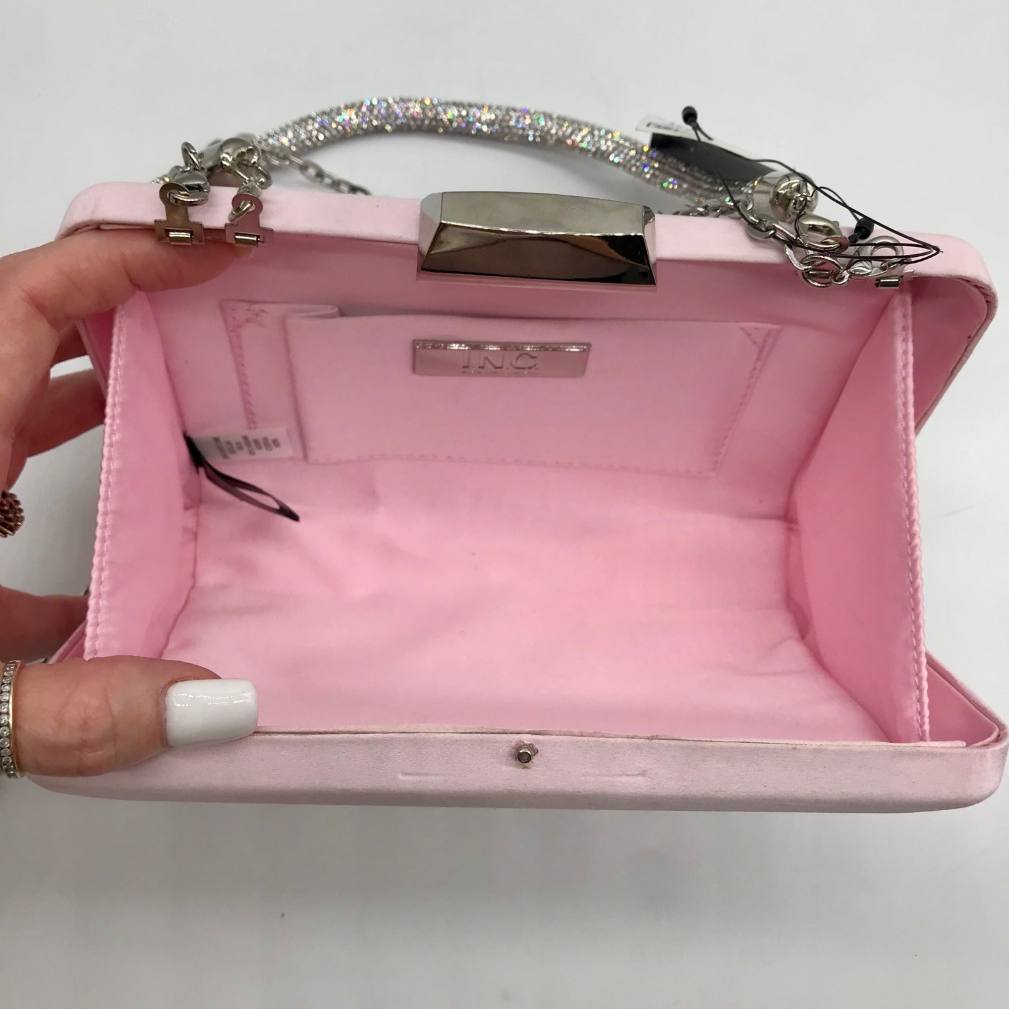 I.N.C International Concepts Pink Dogwood Satin Crystal Frame Clutch