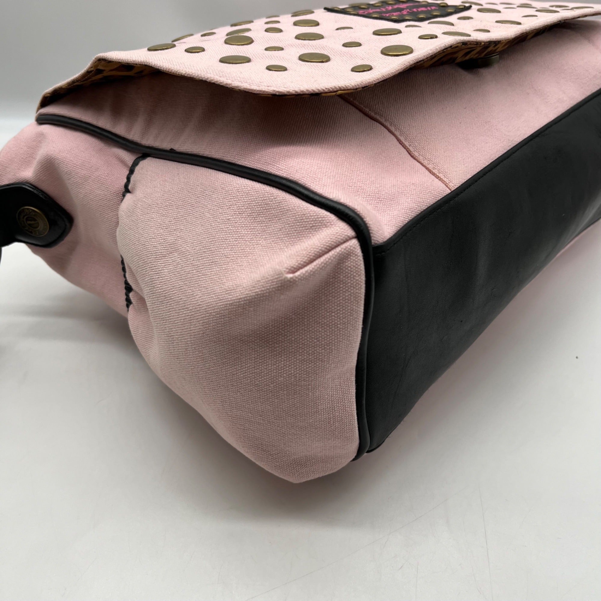 Betsey Johnson Pink And Black Canvas Baby Simply Studs Messenger Crossbody