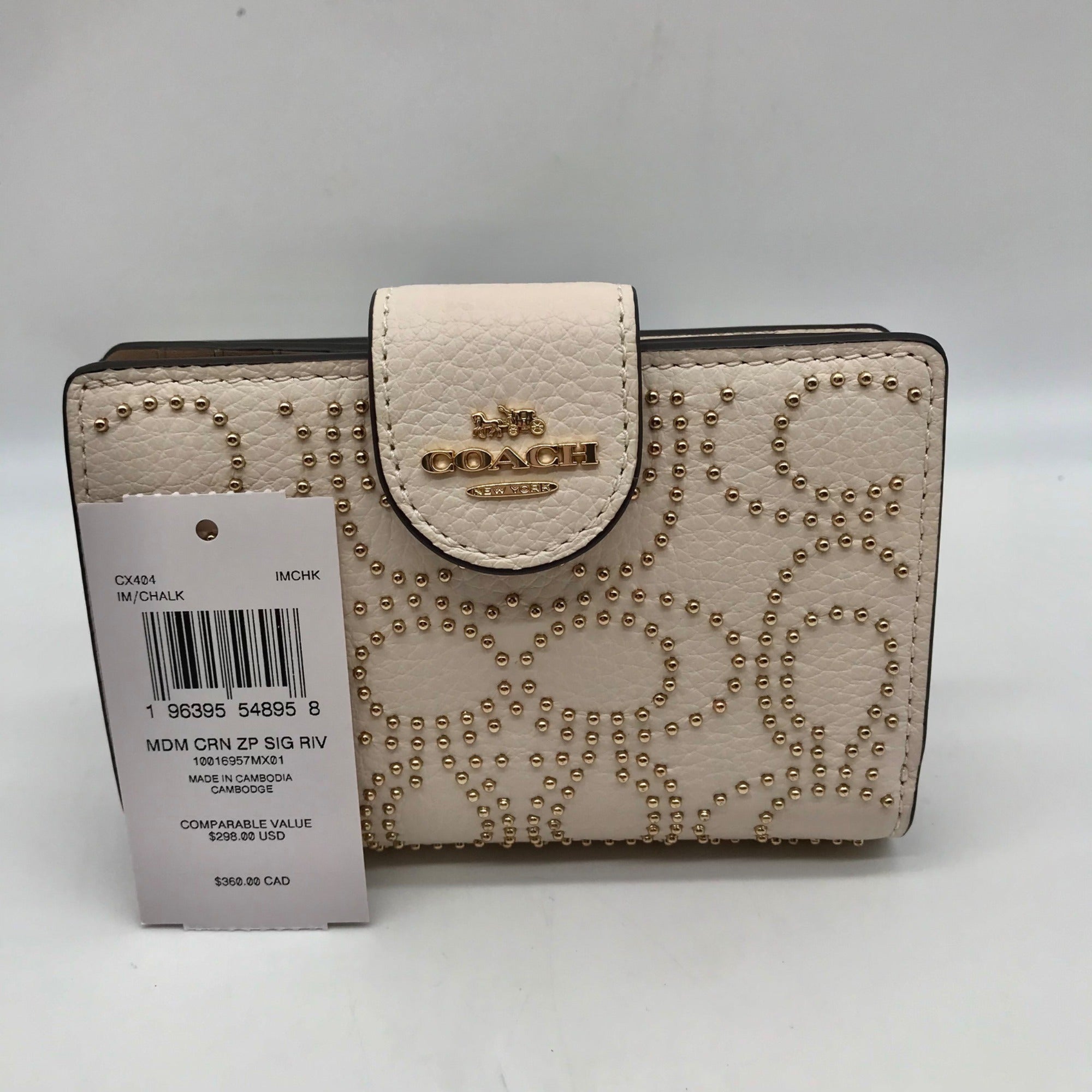 Coach Chalk Pebbled Leather Signature Rivets Corner Zip Wallet