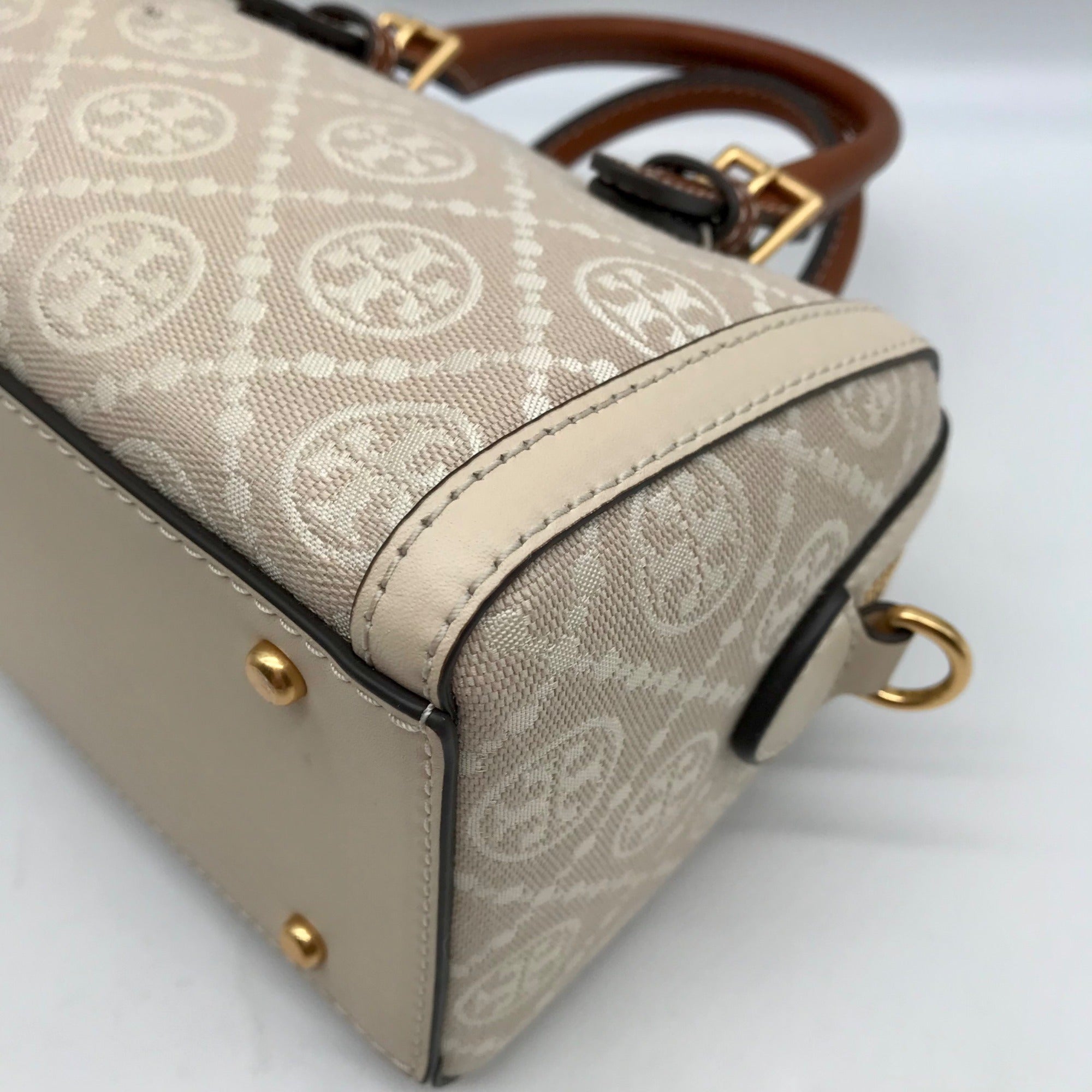 Tory Burch Beige Jacquard Monogram Logo Petite Barrel Bag