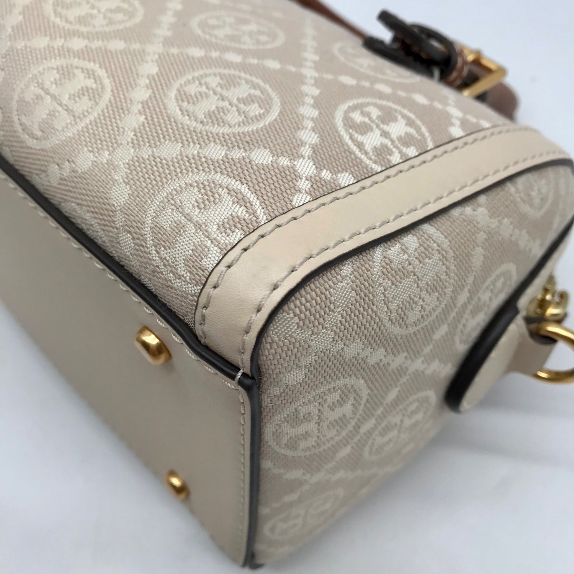 Tory Burch Beige Jacquard Monogram Logo Petite Barrel Bag