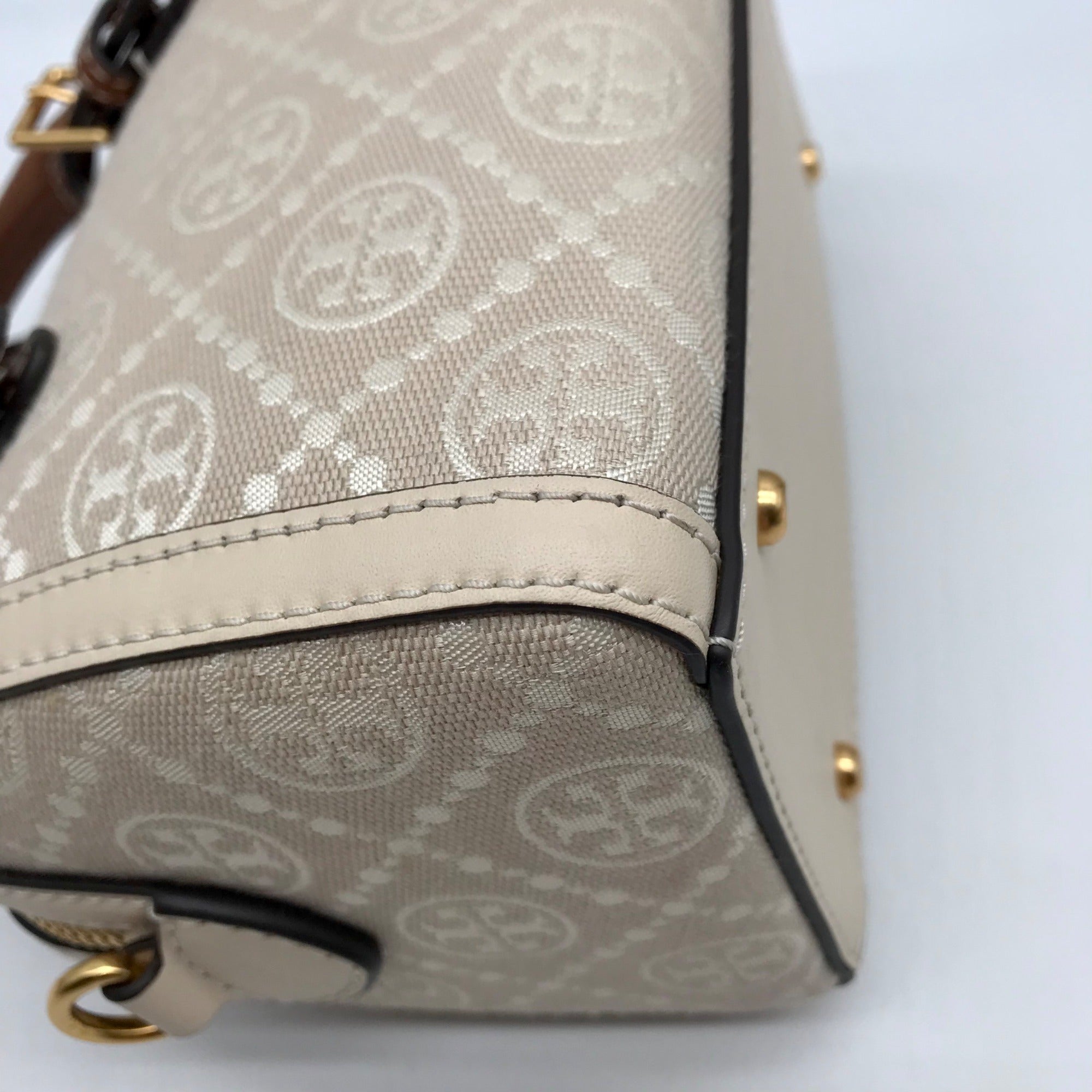 Tory Burch Beige Jacquard Monogram Logo Petite Barrel Bag