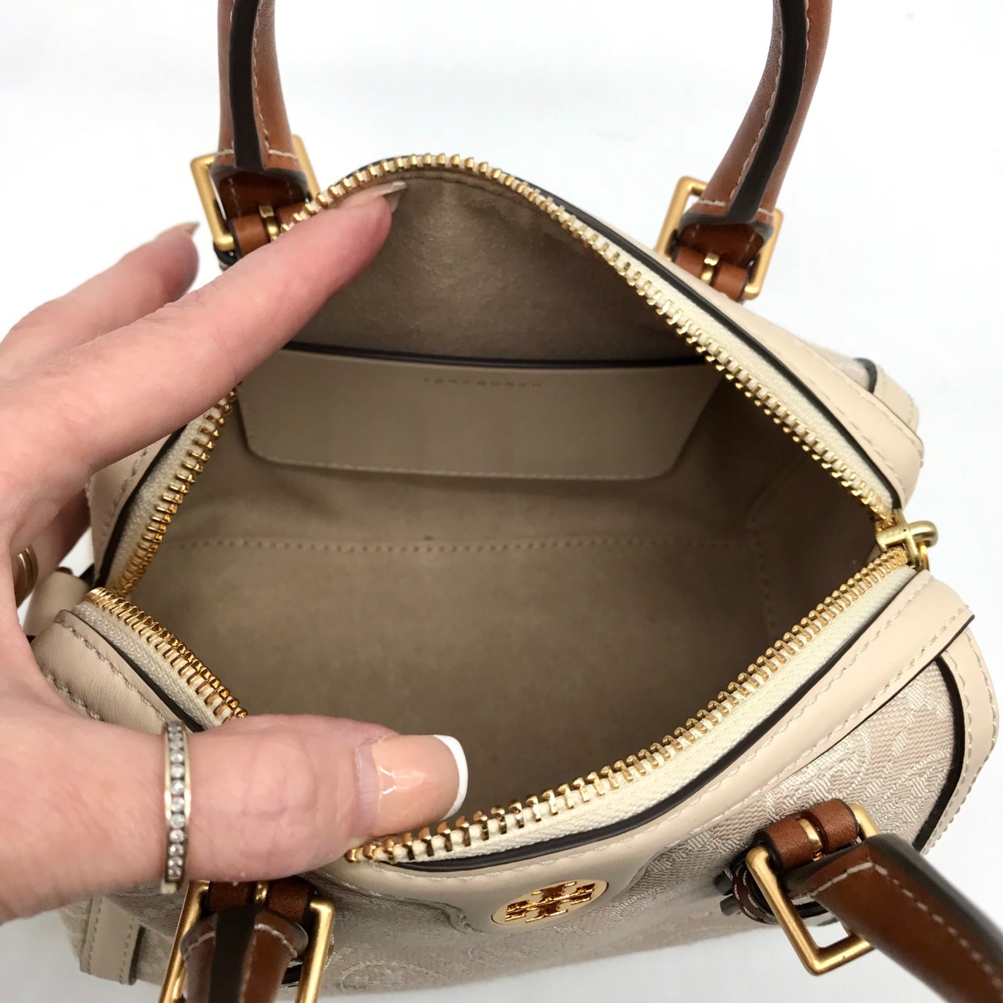 Tory Burch Beige Jacquard Monogram Logo Petite Barrel Bag