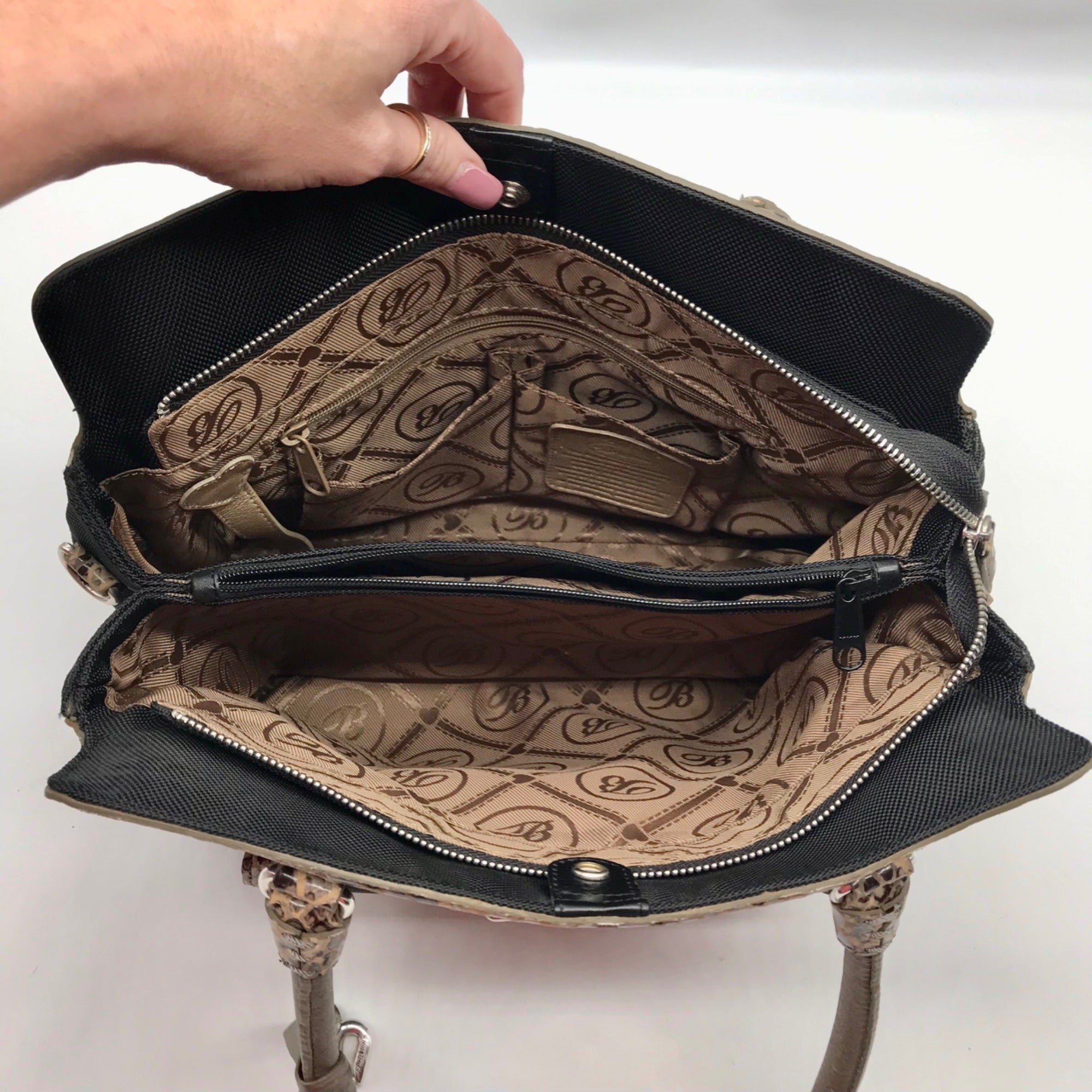 Brighton Black Fabric And Faux Python Embossed Leather Trim Shoulder Bag