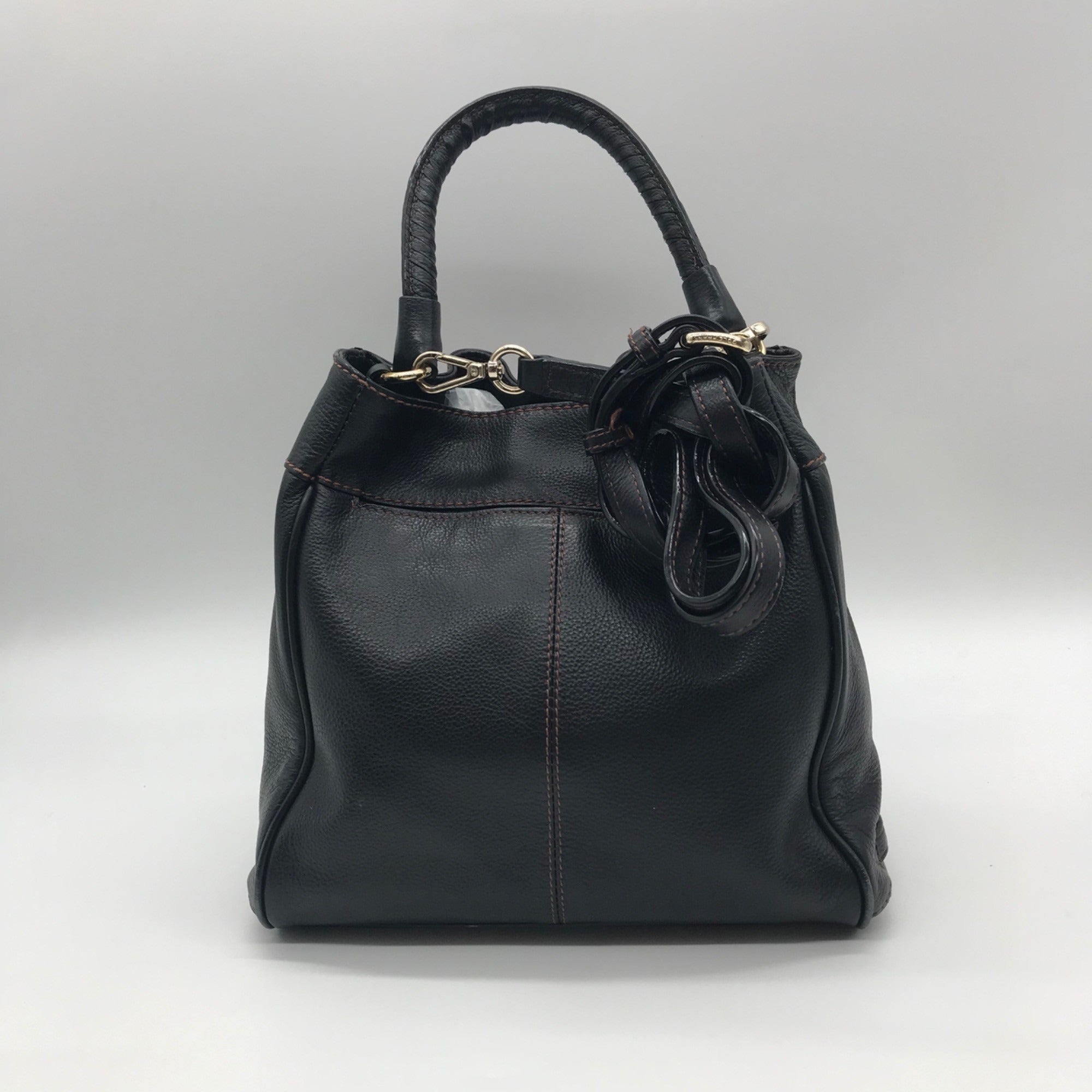 Cole Hann Black Pebbled Leather Drawstring Bucket Bag