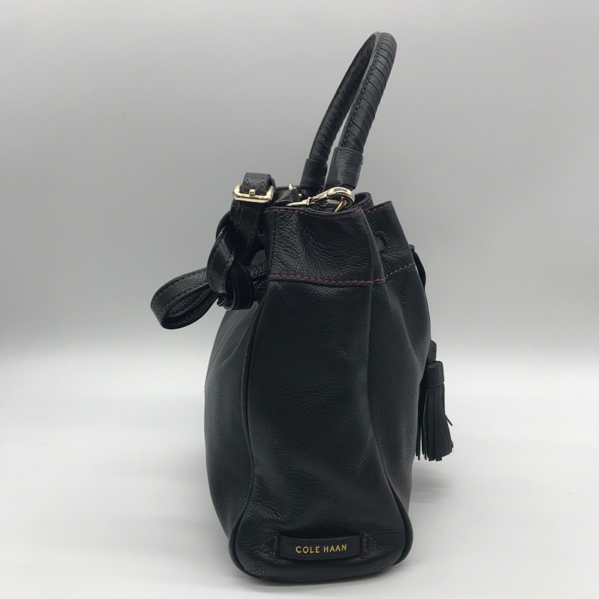Cole Hann Black Pebbled Leather Drawstring Bucket Bag
