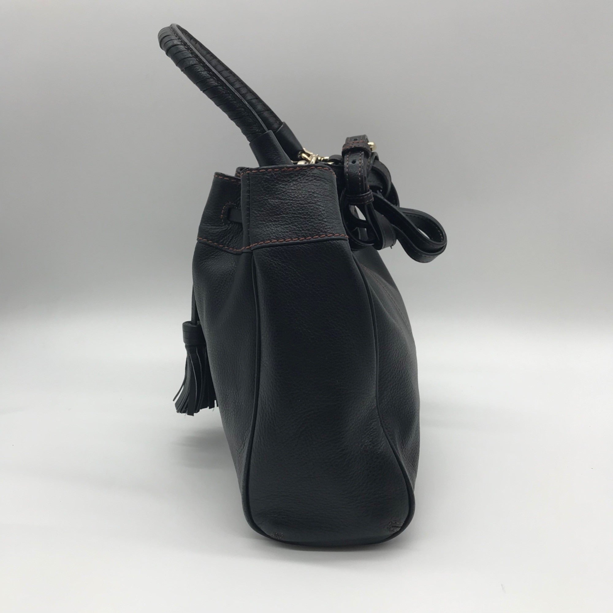 Cole Hann Black Pebbled Leather Drawstring Bucket Bag