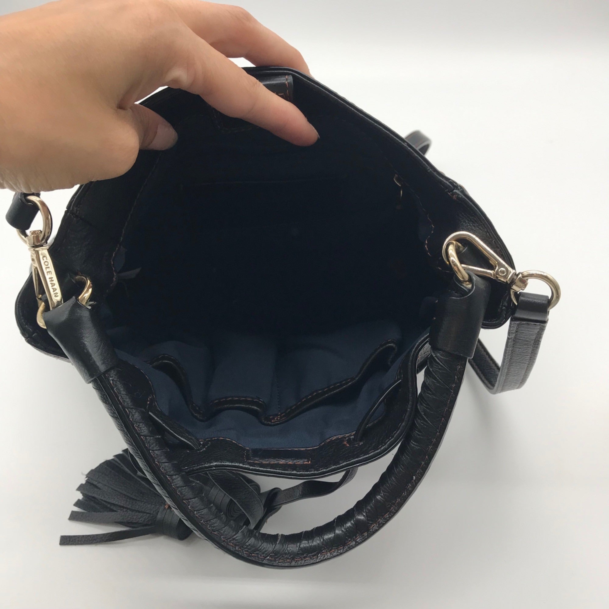 Cole Hann Black Pebbled Leather Drawstring Bucket Bag
