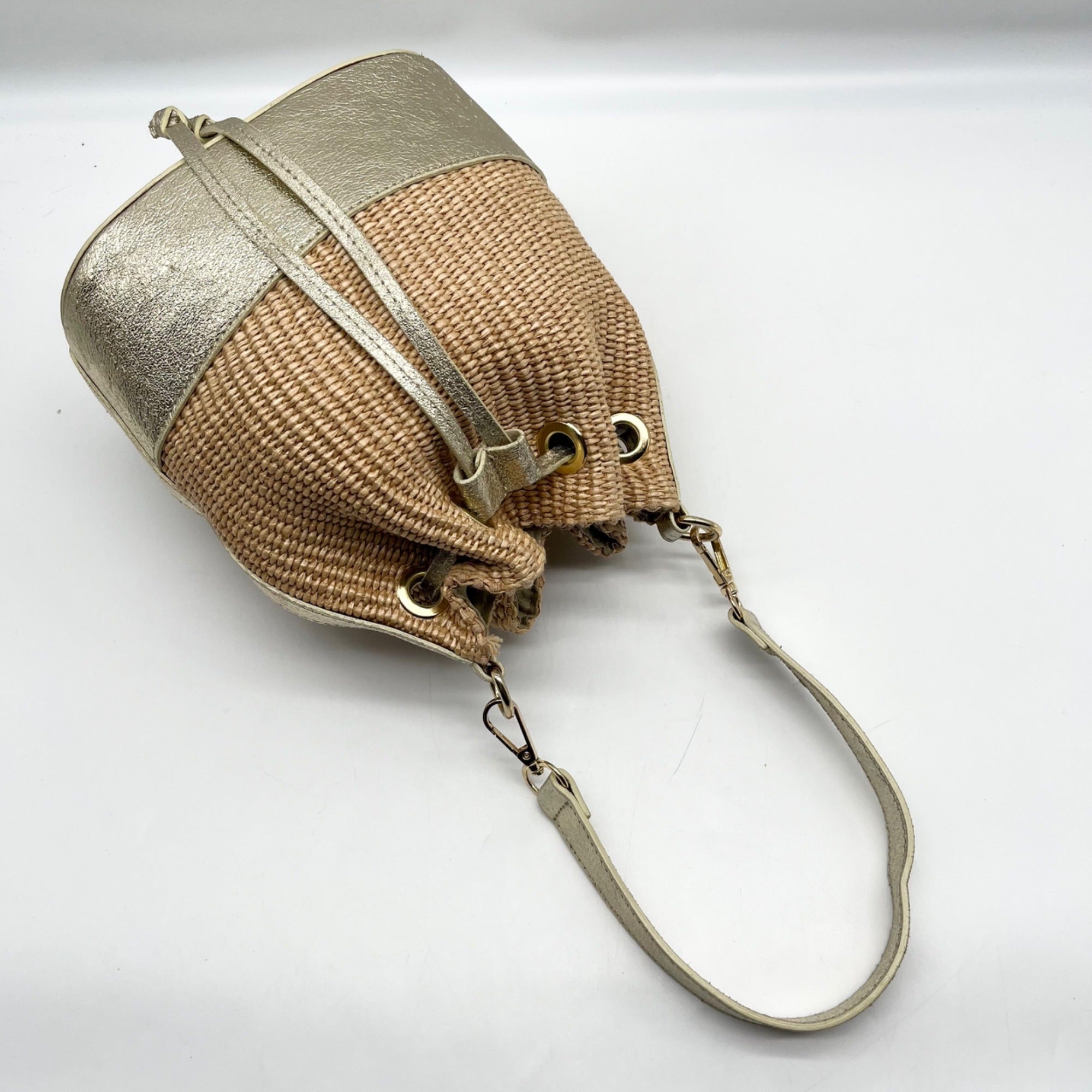 Borse In Pelle Tan Raffia Mini Bucket Bag