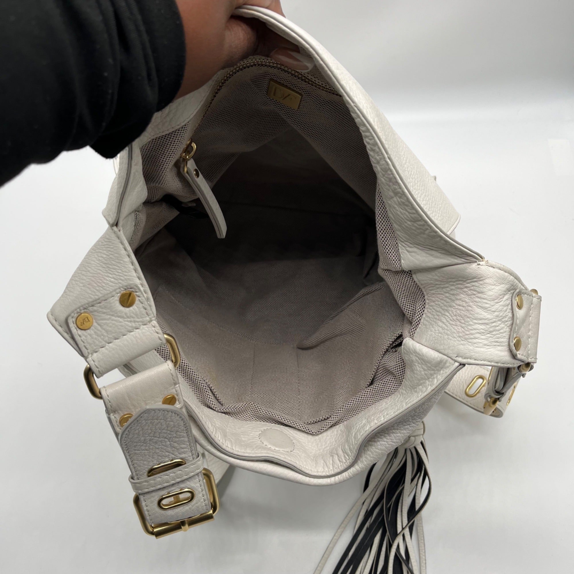 Diane Von Furstenburg White Pebbled Leather Crossbody Bag