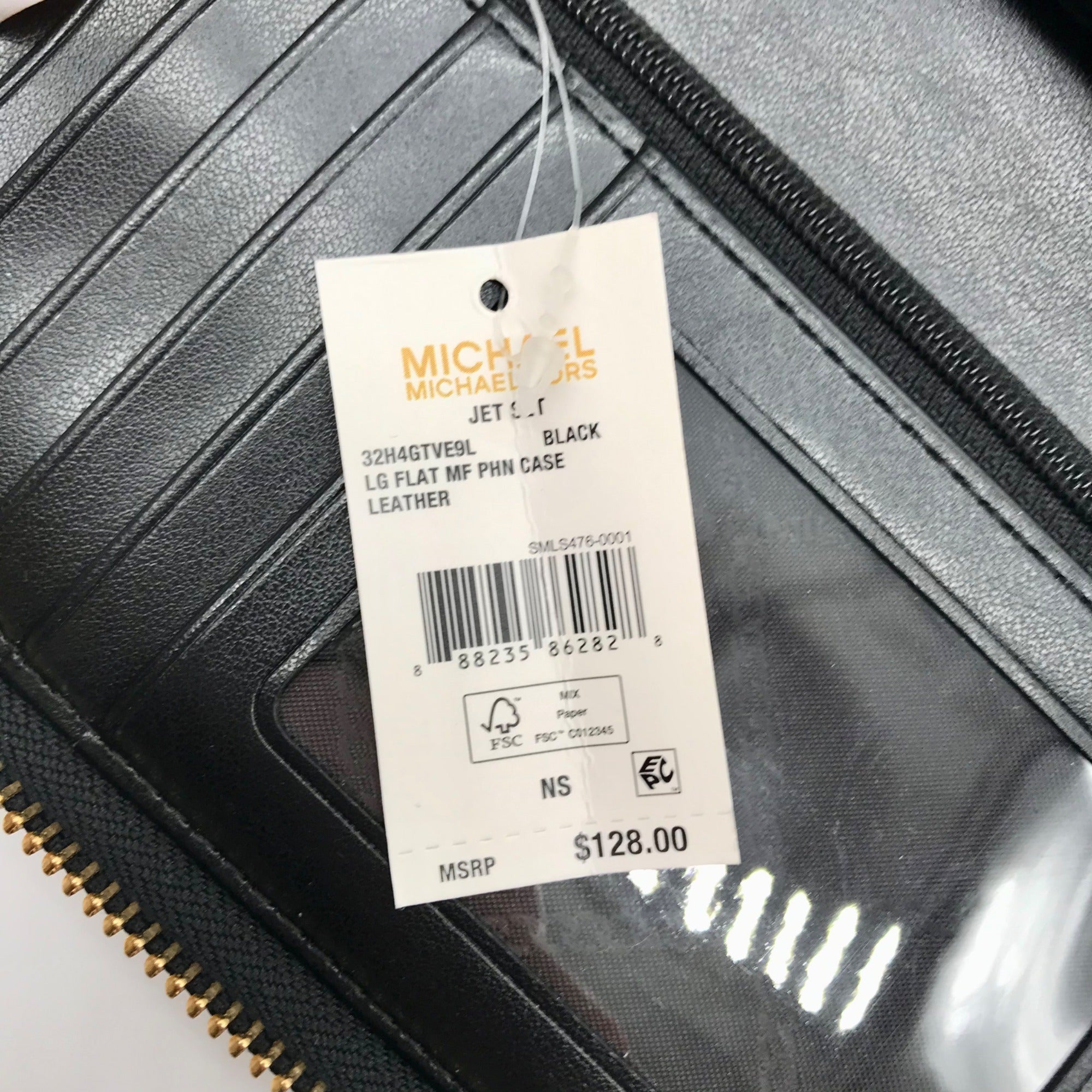 Michael Kors Black Leather Jet Set Large Flat Multifunction Smartphone Wristlet