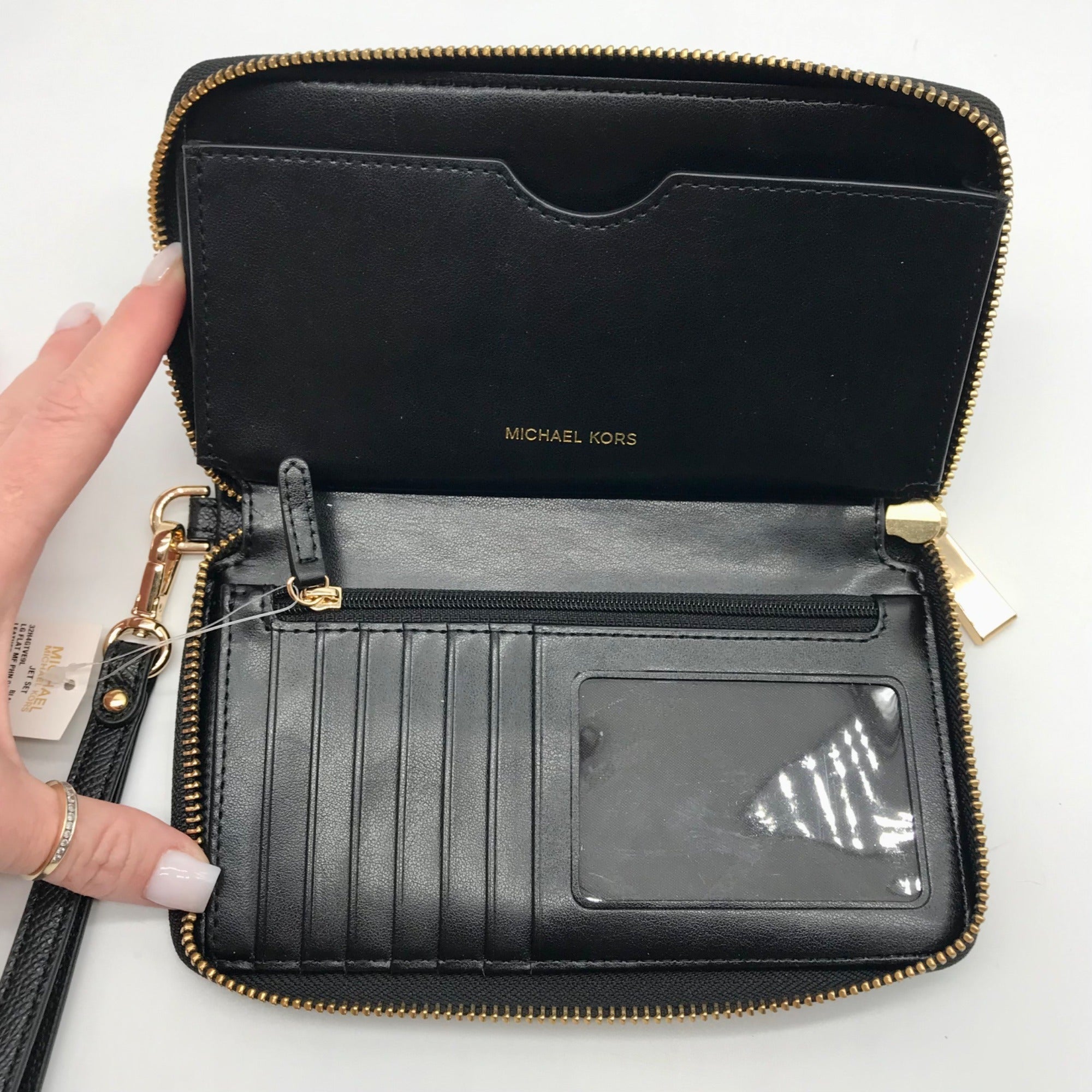 Michael Kors Black Leather Jet Set Large Flat Multifunction Smartphone Wristlet