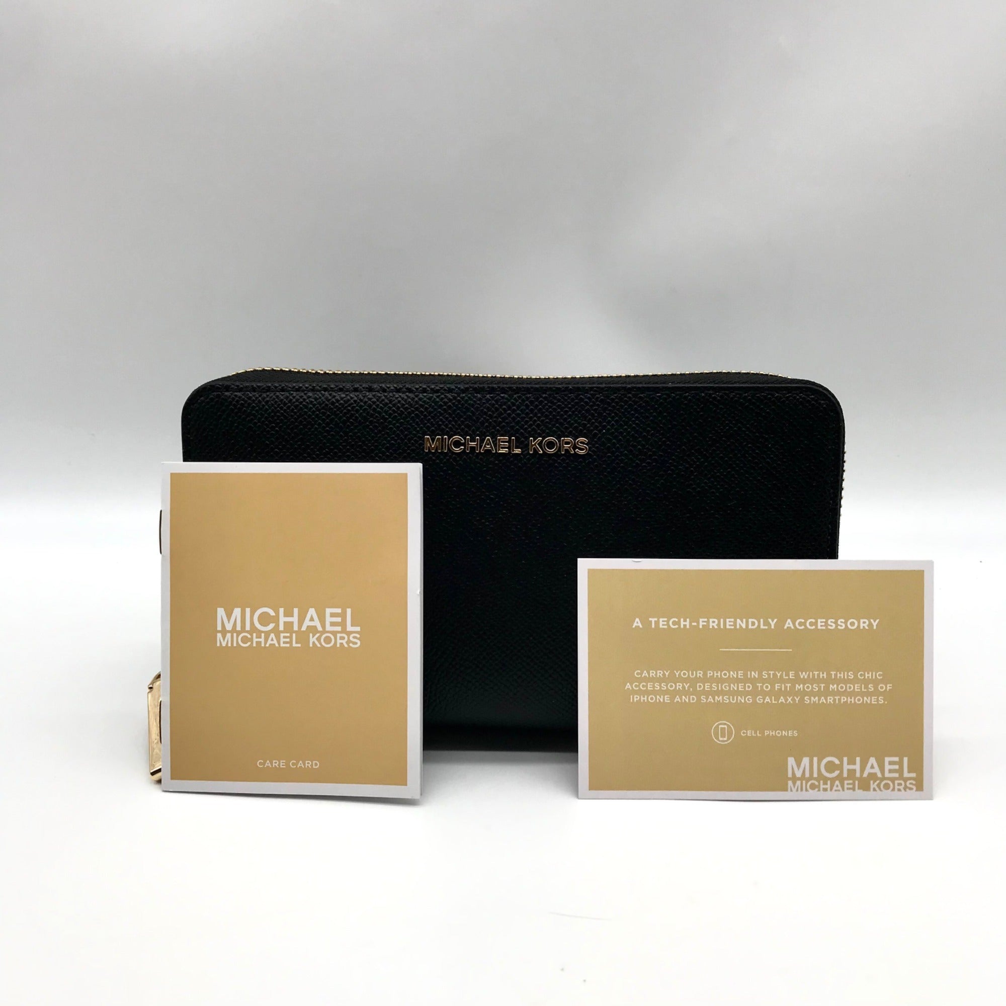 Michael Kors Black Leather Jet Set Large Flat Multifunction Smartphone Wristlet