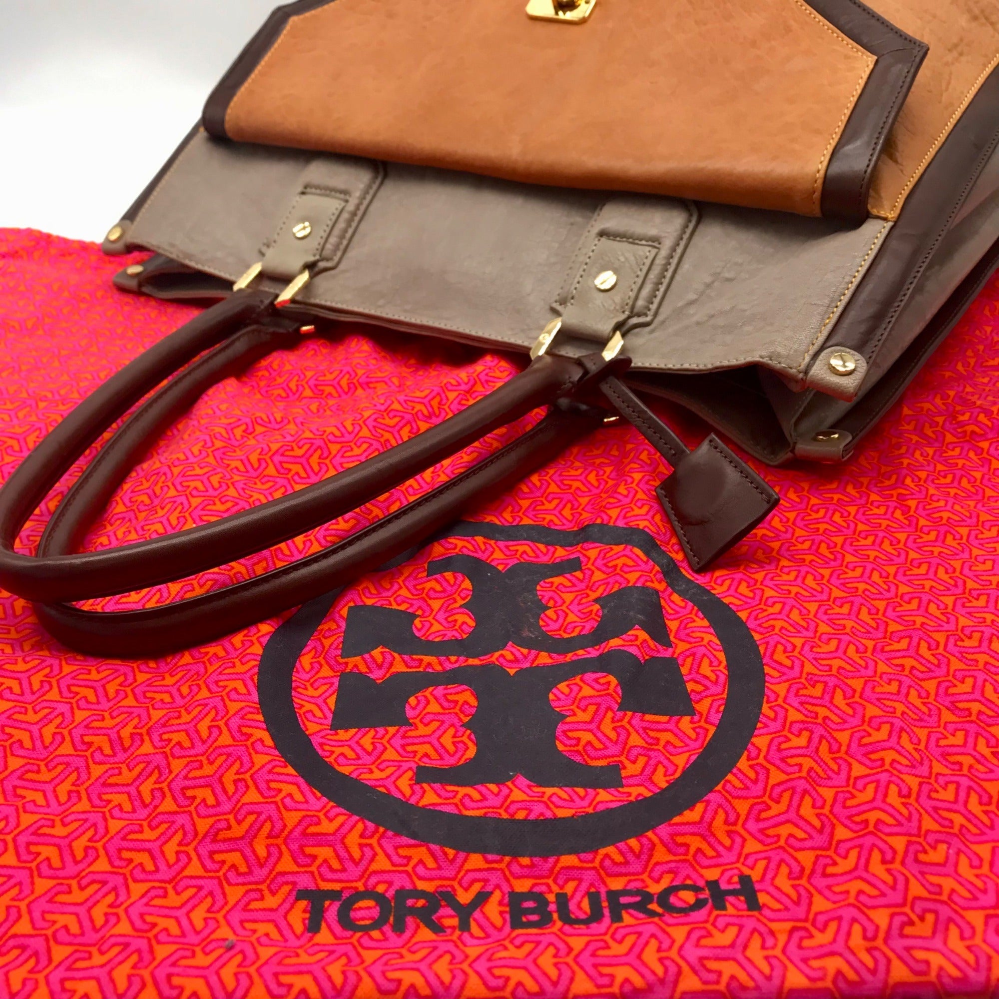 Tory Burch XL Cognac Colorblock Leather Tote Bag