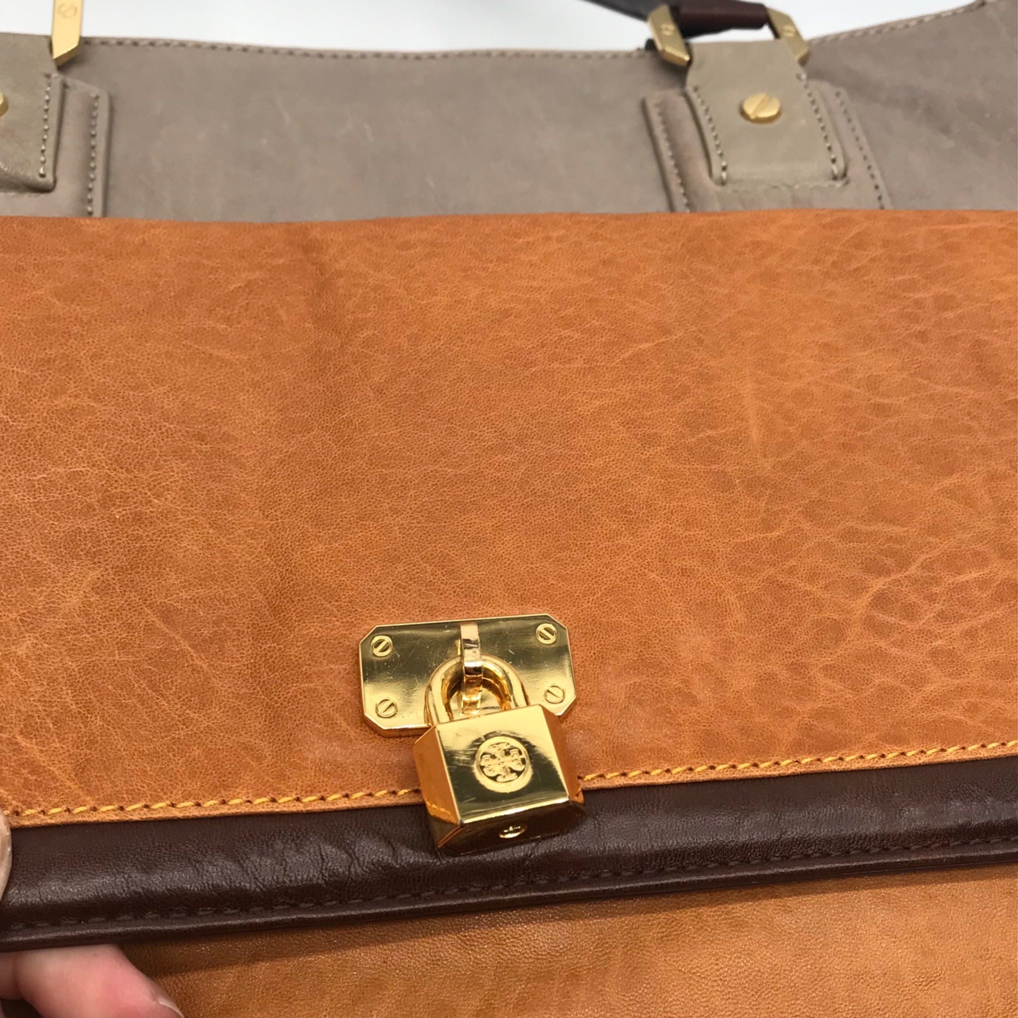 Tory Burch XL Cognac Colorblock Leather Tote Bag