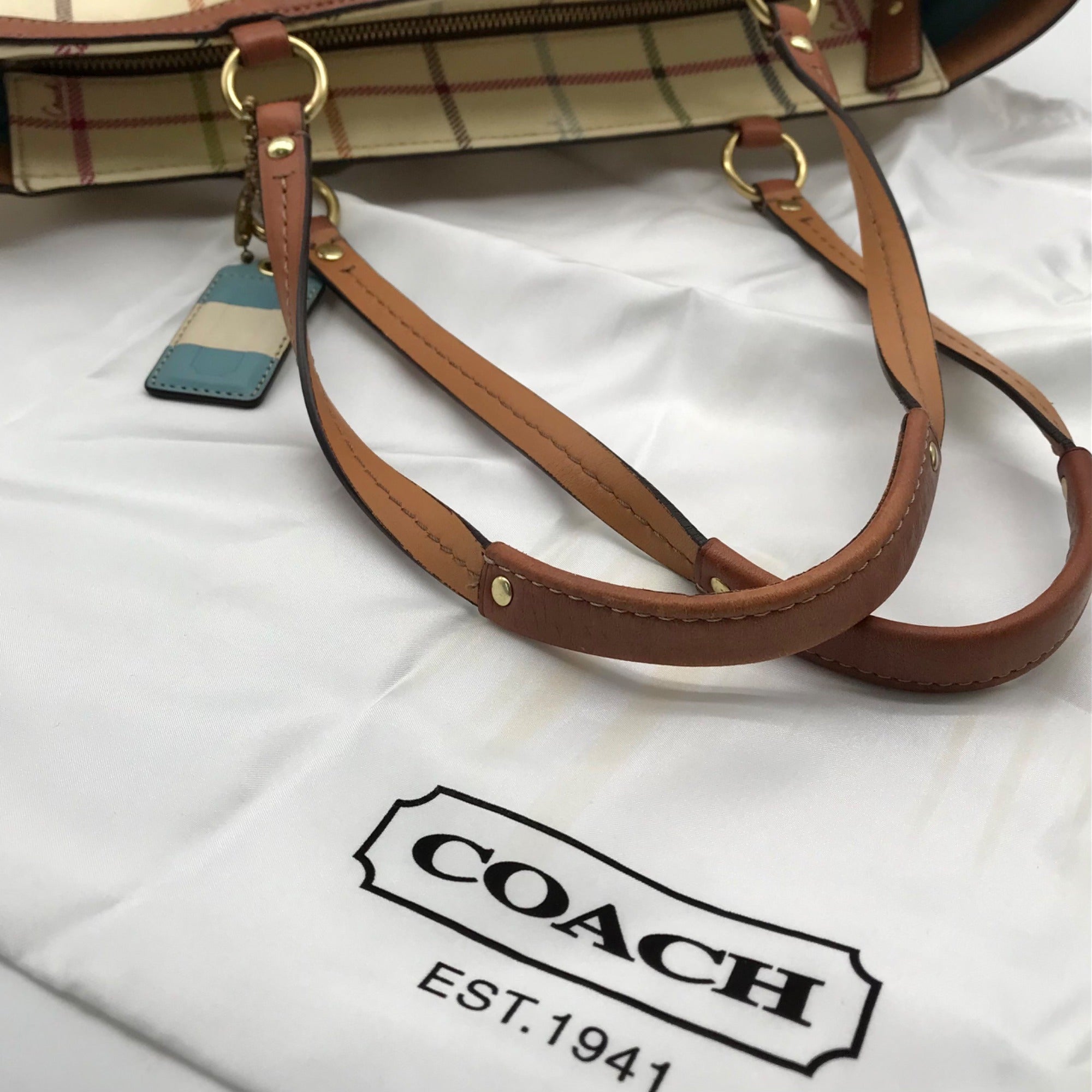 Coach Heritage Blue Stripe Tattersall Coated Canvas Tote 12557