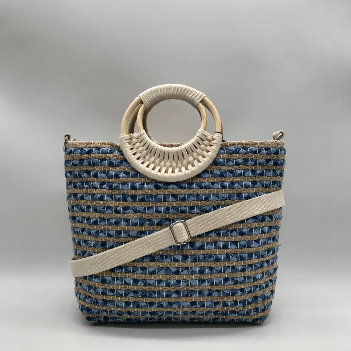 America &amp; Beyond Blue &amp; Cream Woven Wool Tote Bag