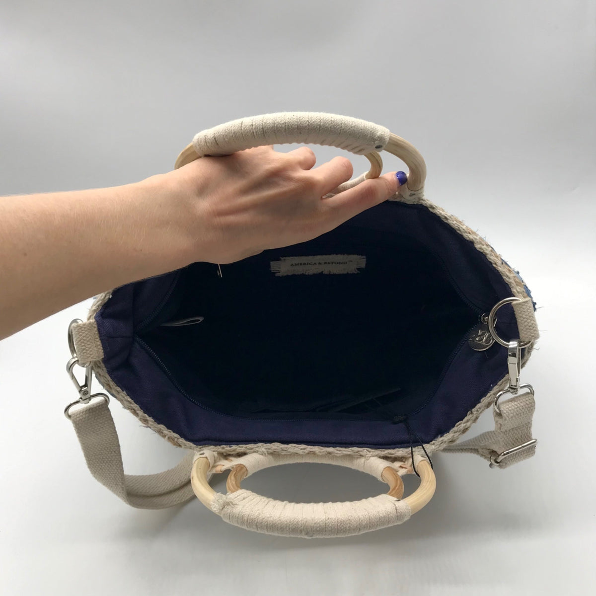 America &amp; Beyond Blue &amp; Cream Woven Wool Tote Bag