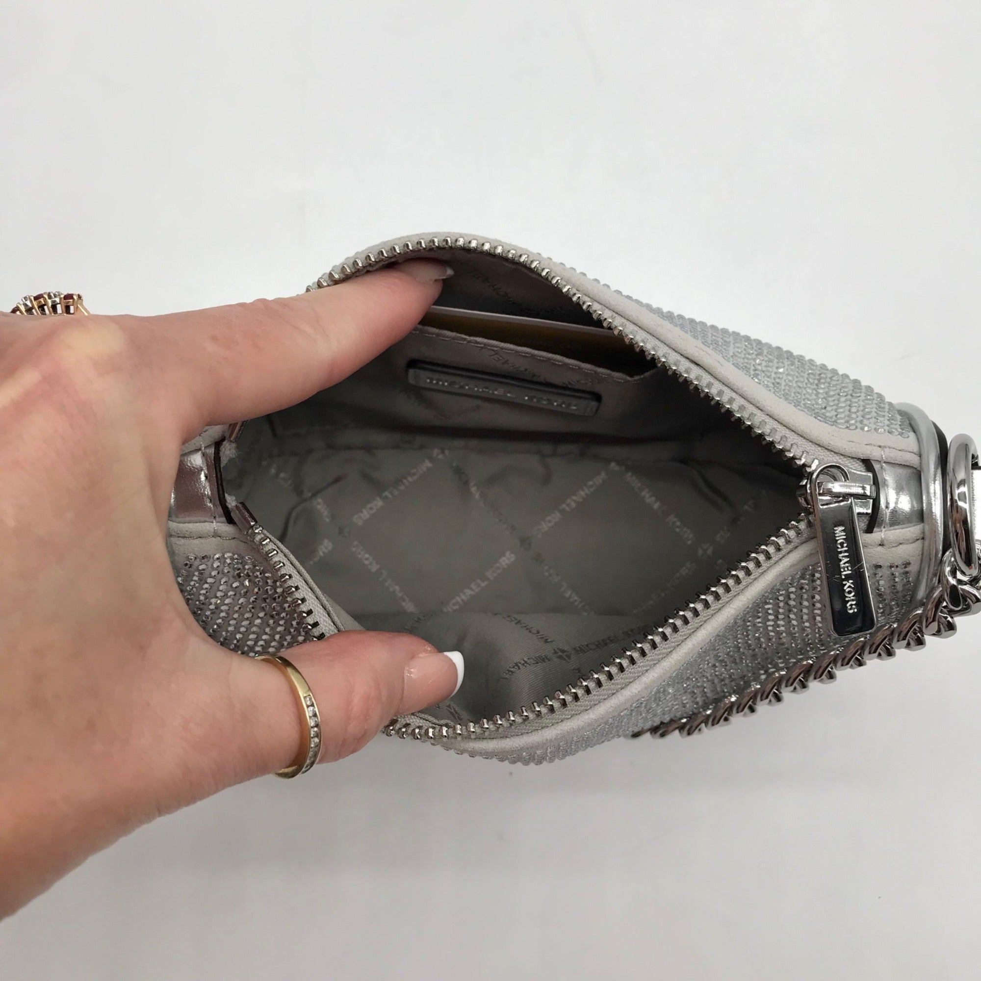 Michael Kors Silver Leather Carmela Small Pouchette Crossbody Bag