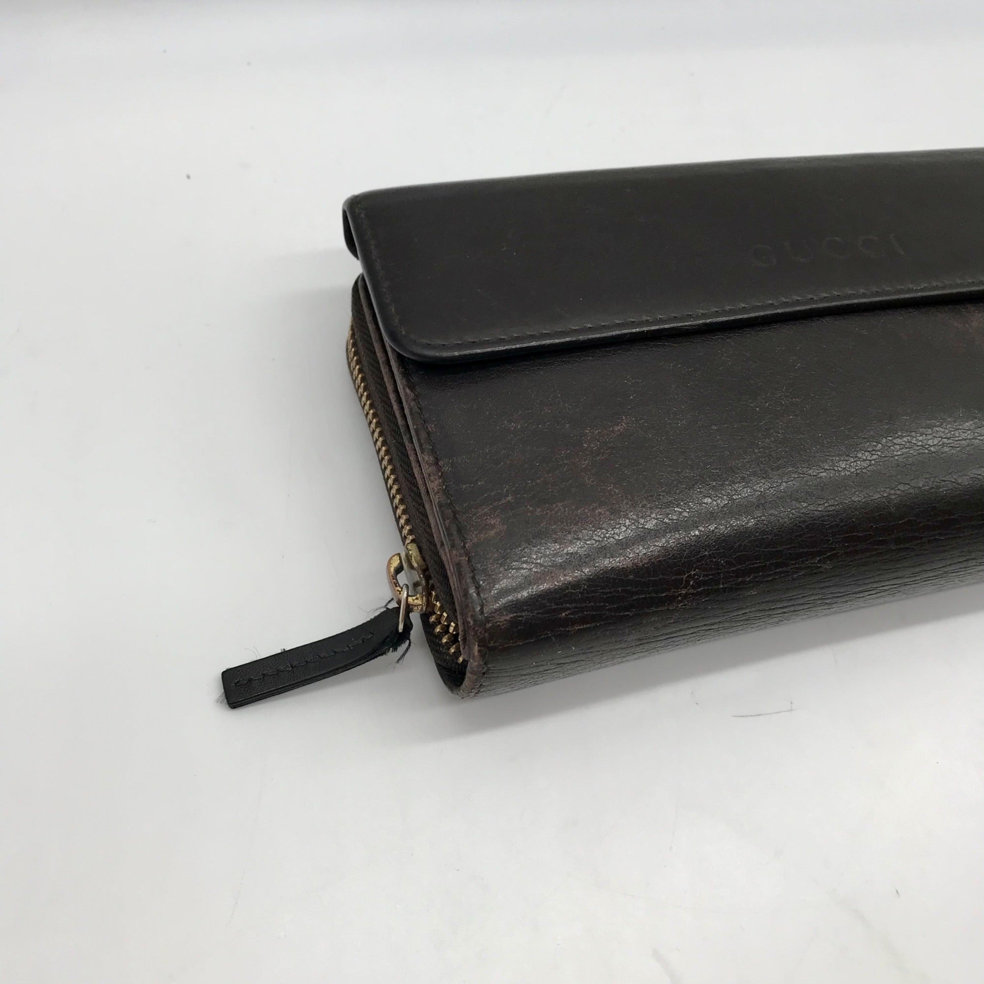 Gucci Dark Brown Leather Long Tri-Fold Wallet
