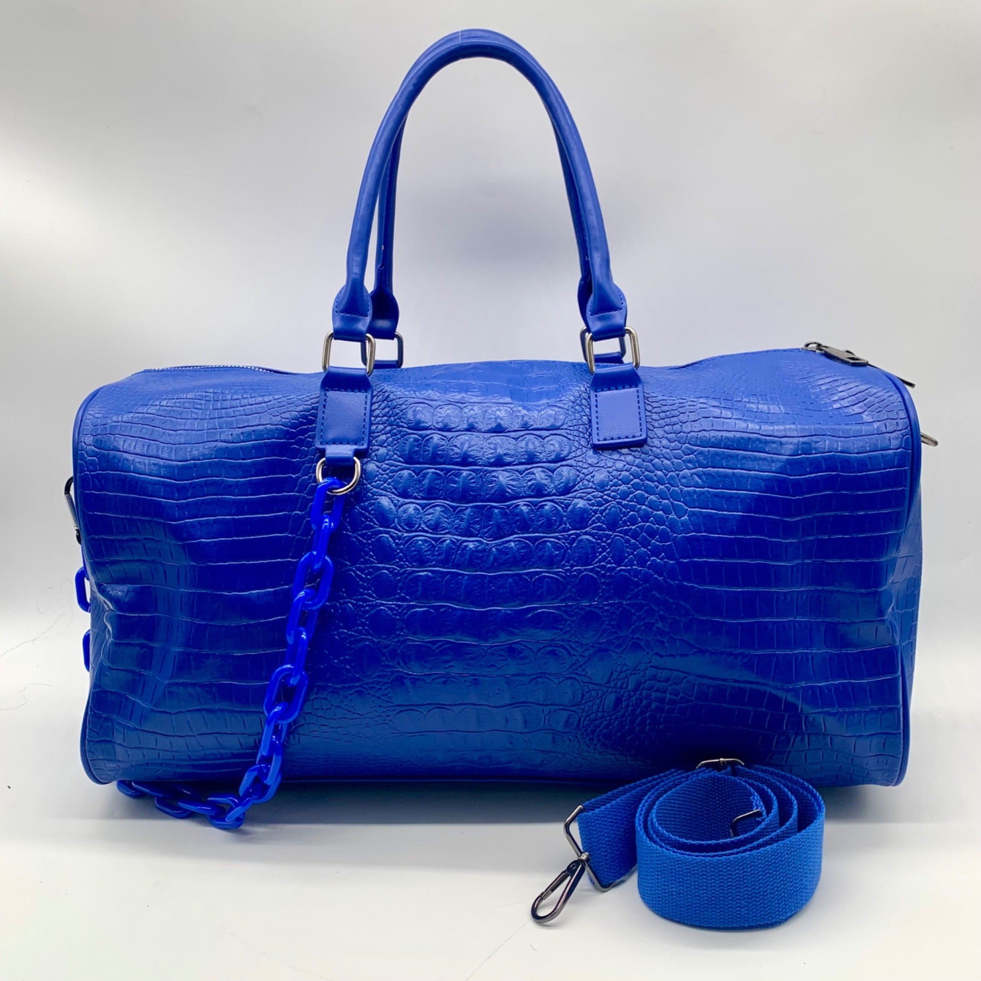 Privata Blue Croc-Embossed Faux Leather Large Duffel Bag