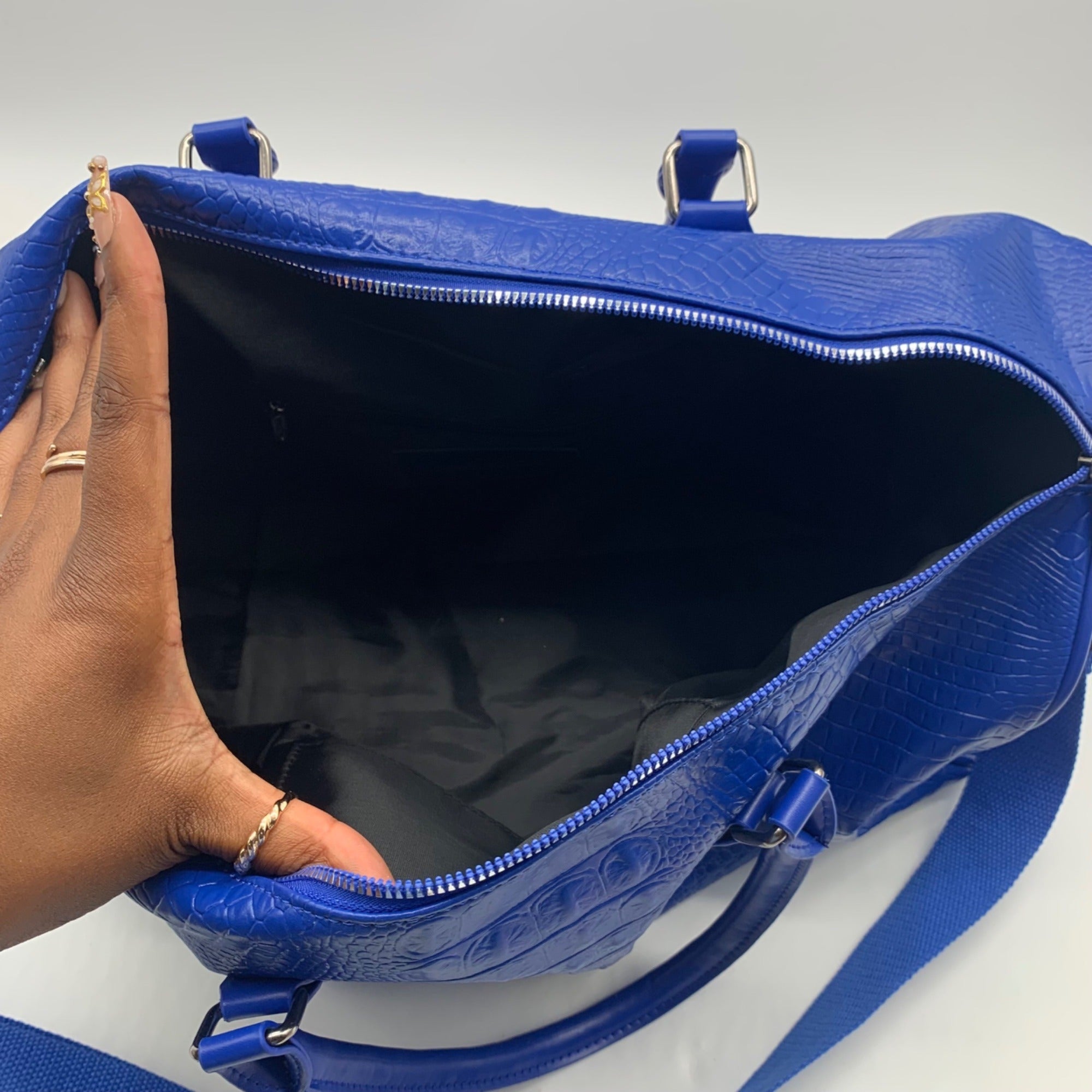 Privata Blue Croc-Embossed Faux Leather Large Duffel Bag