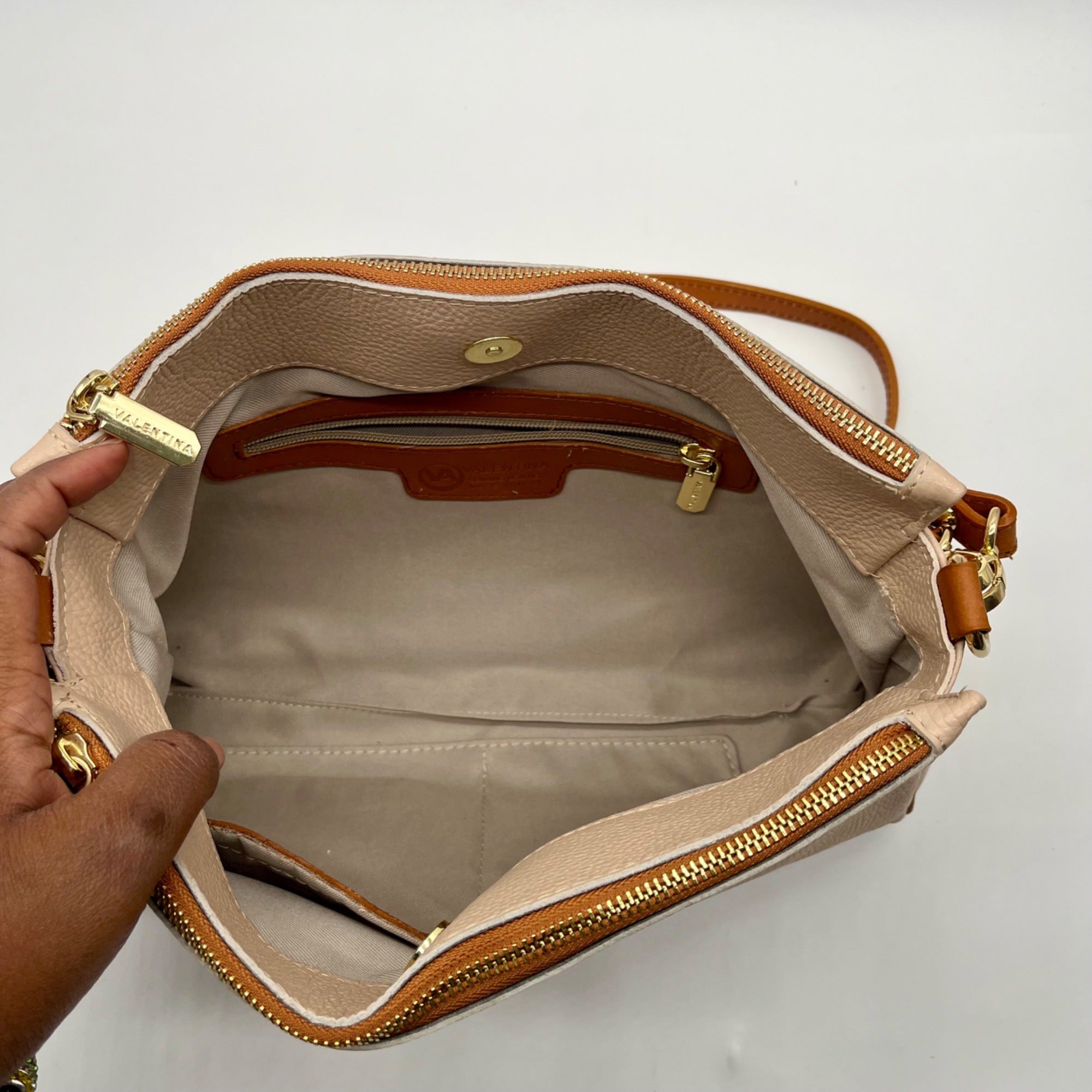 Valentina Beige Pebbled Leather Convertible Satchel Bag