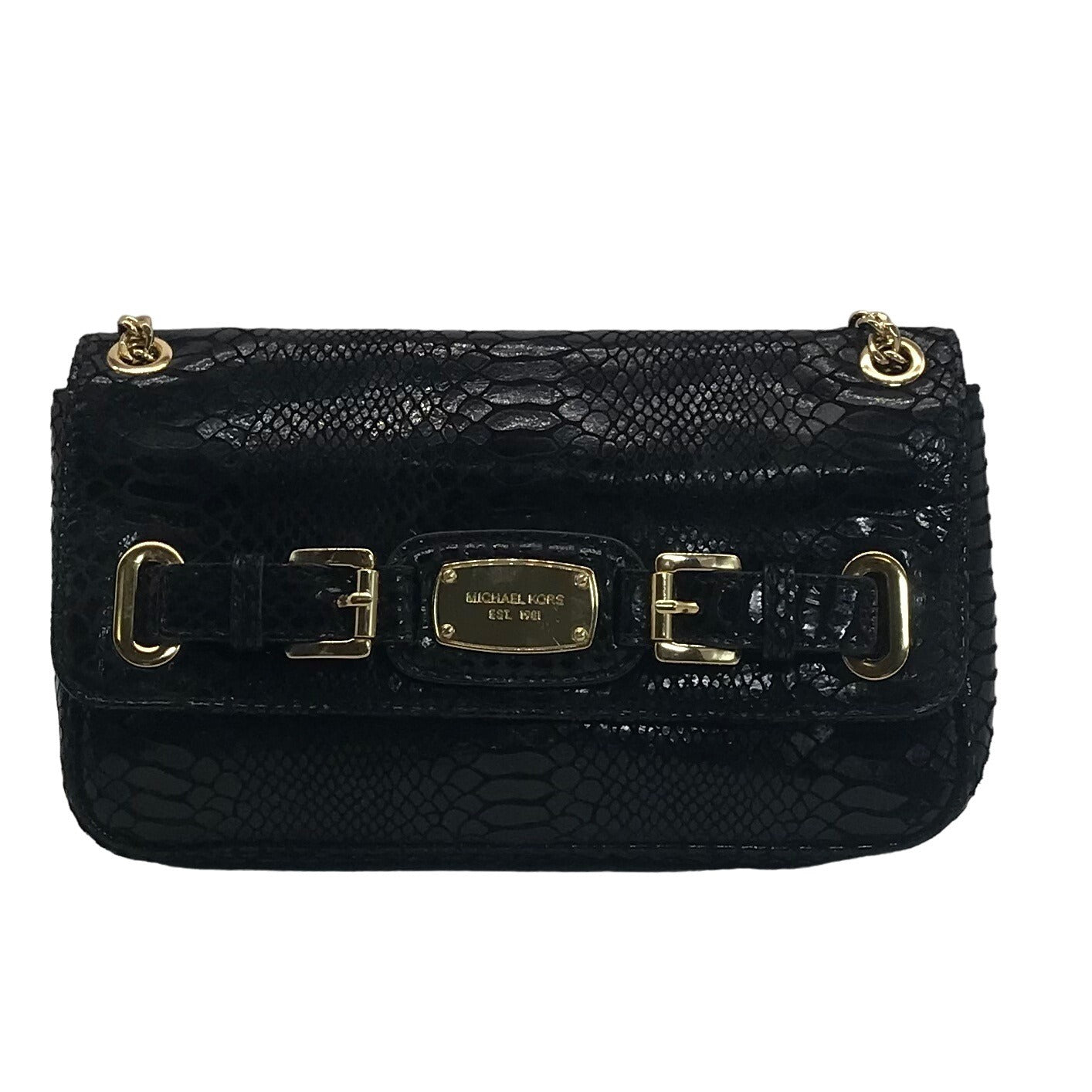 Michael Kors Black Python Leather Hamilton Flap Shoulder Bag