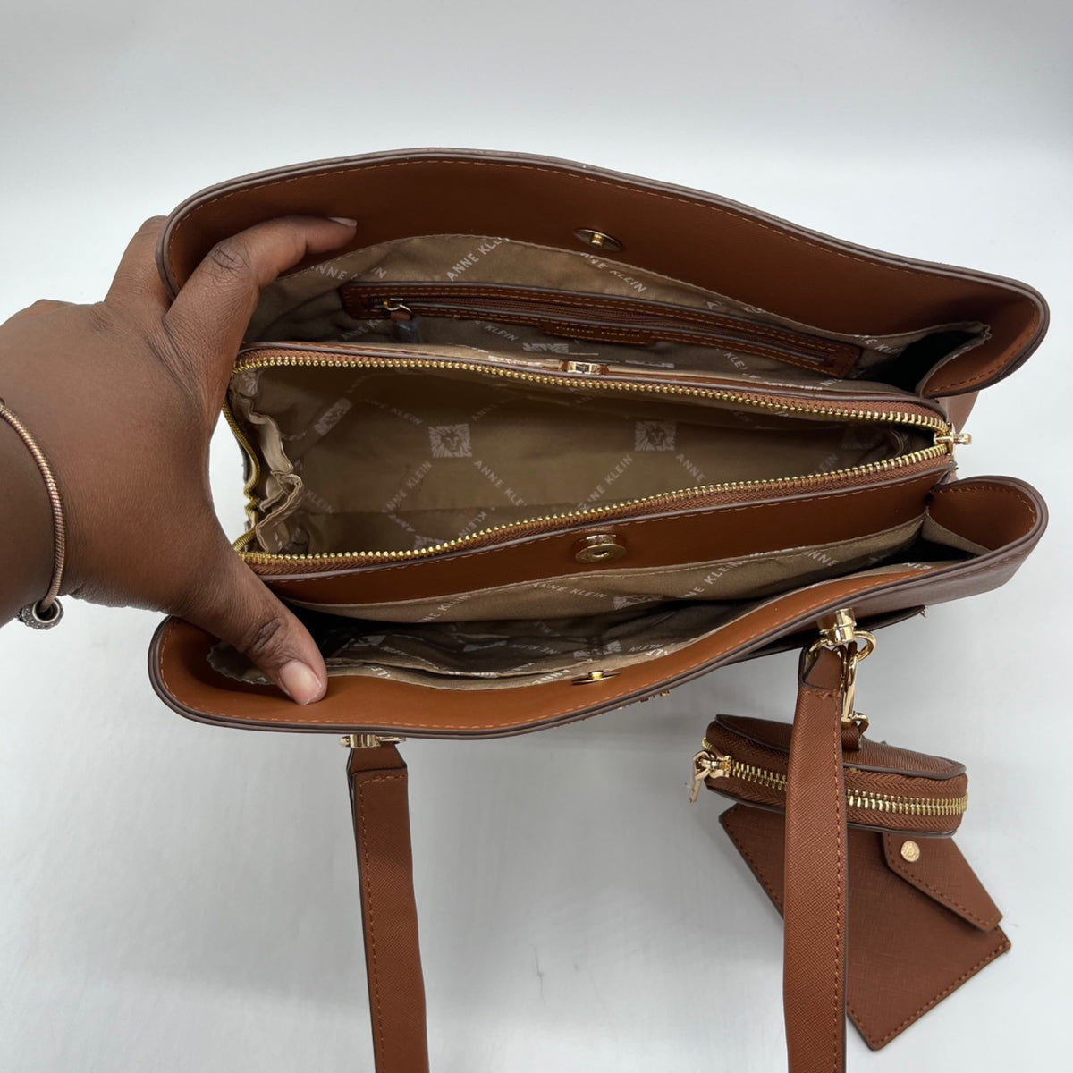 Anne Klein Brown Faux Leather Medium Triple Compartment Satchel Bag
