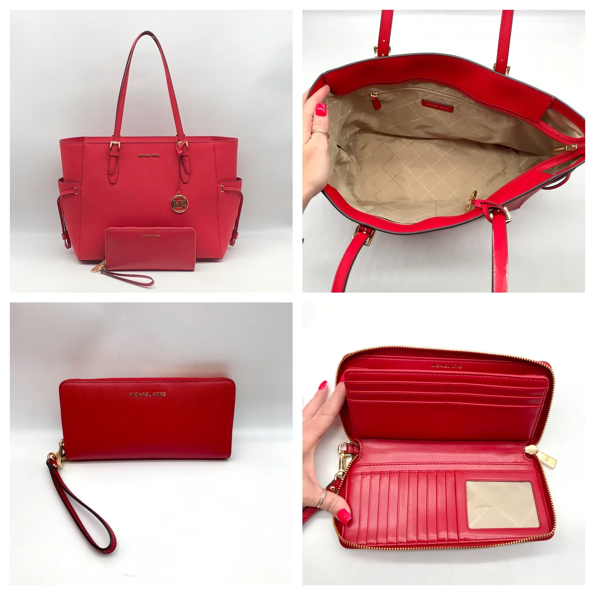 Michael Kors Red Saffiano Leather Large Gilly Tote And Wallet