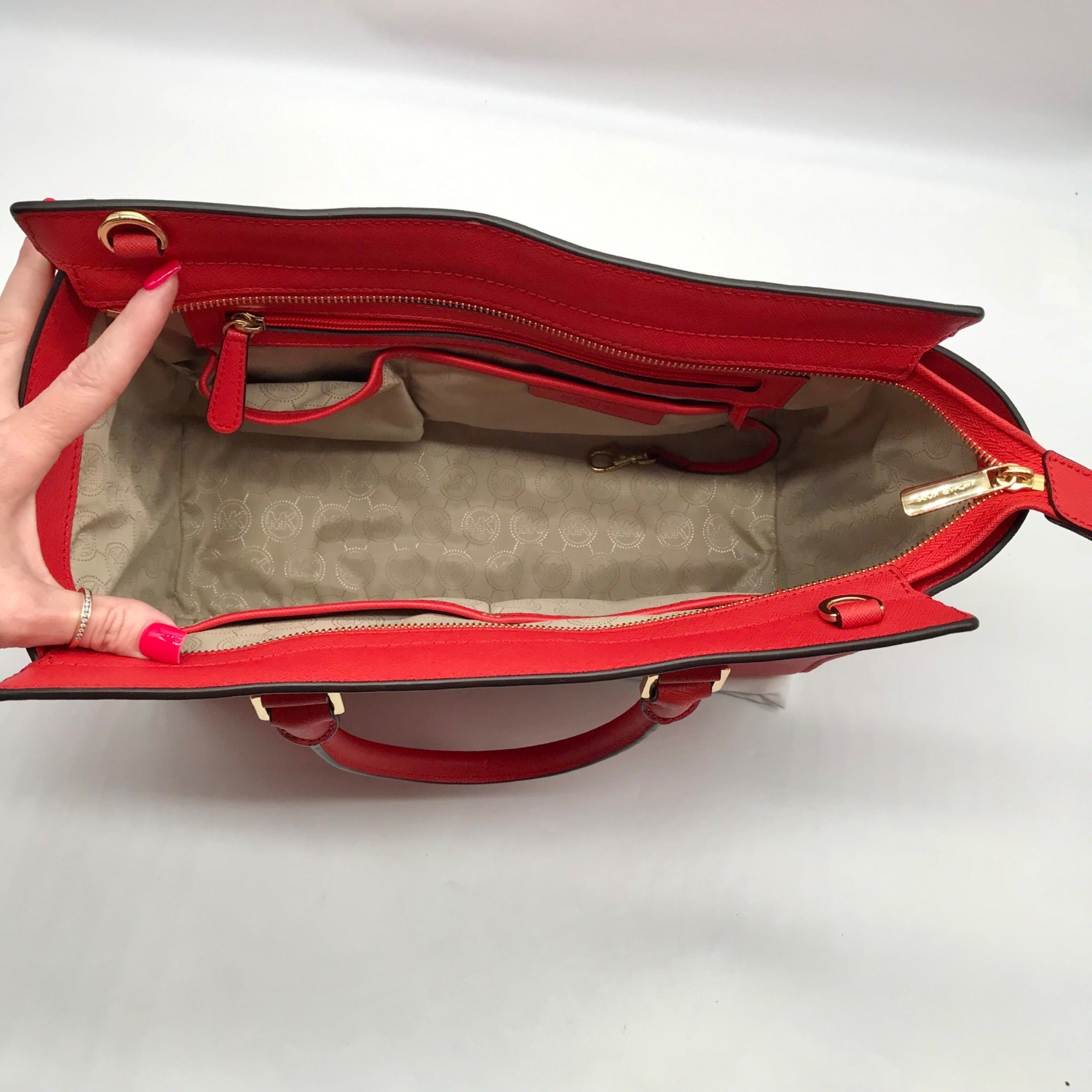 Michael Kors Red Saffiano Leather Selma Convertible Satchel Bag