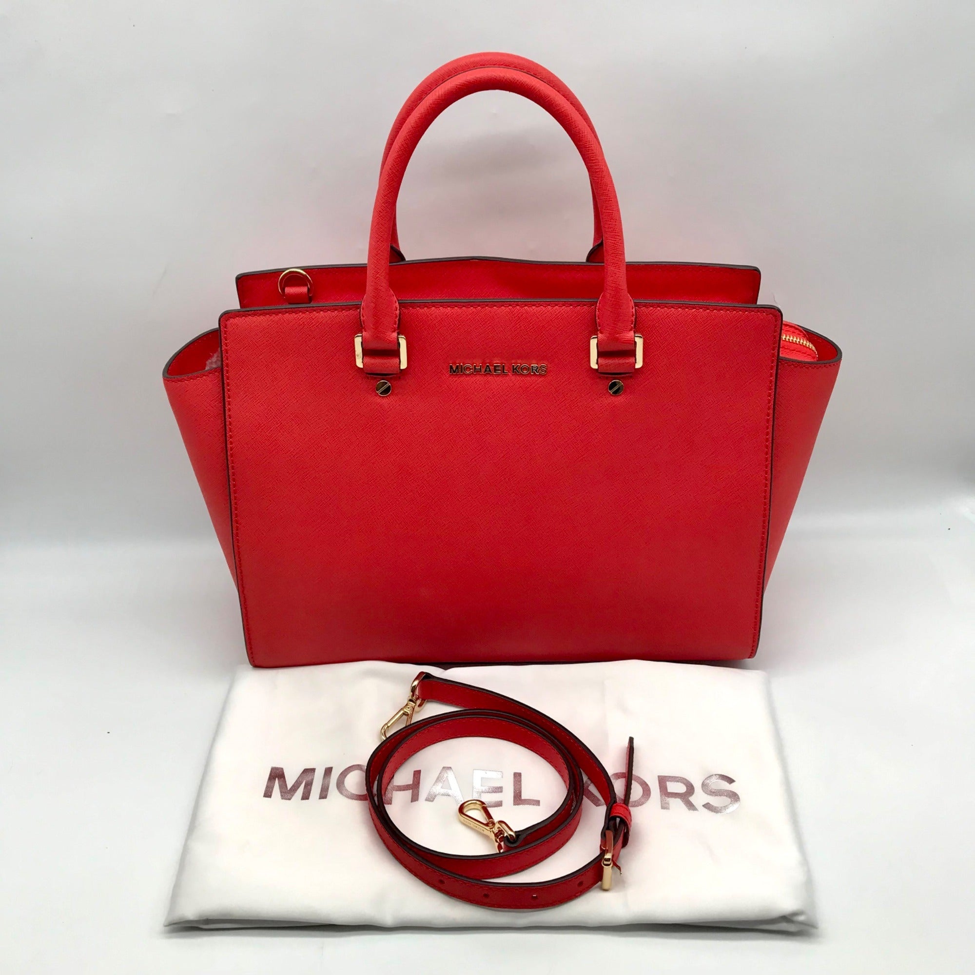 Michael Kors Red Saffiano Leather Selma Convertible Satchel Bag