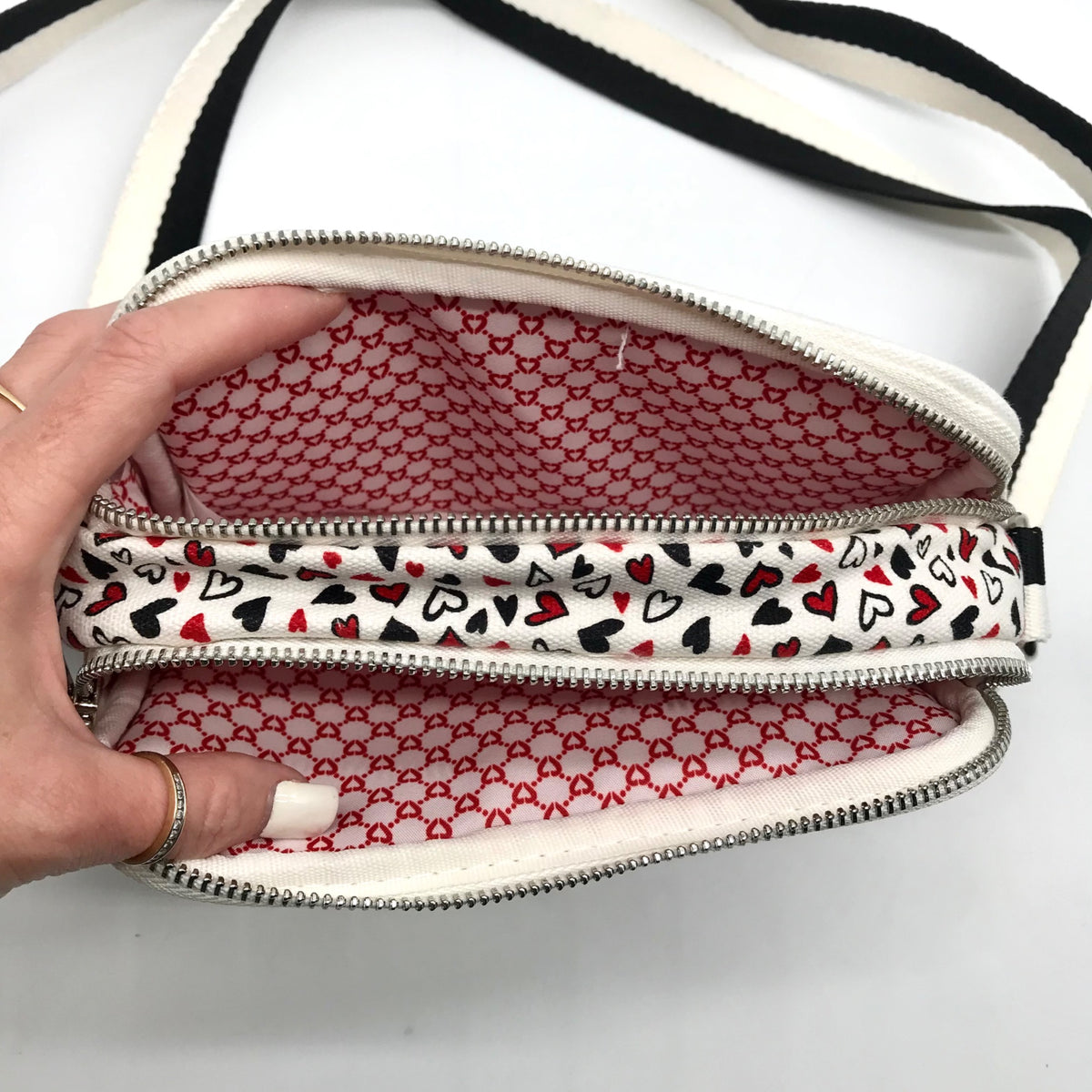 Brighton Red &amp; White Canvas Love Scroll Crossbody Bag