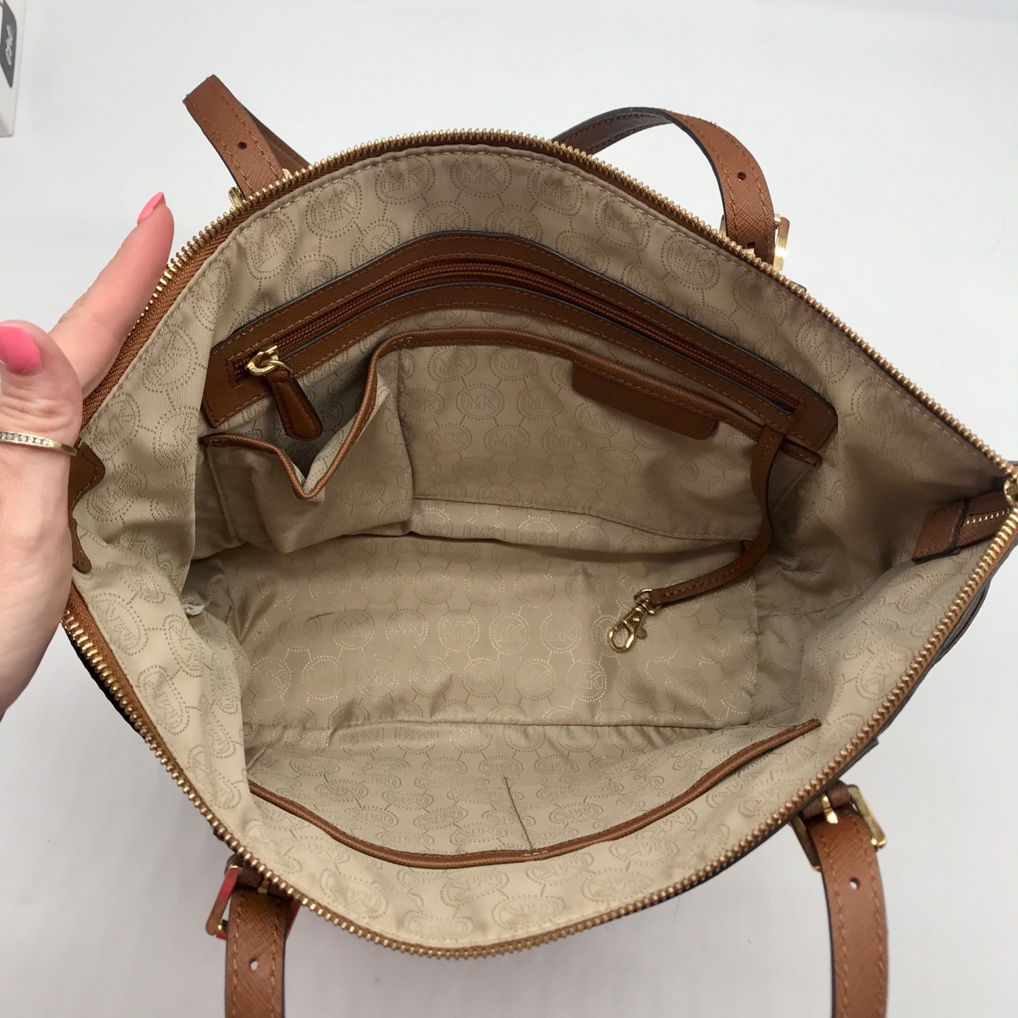 Michael Kors Brown Saffiano Leather Charlotte Top Zip Tote Bag