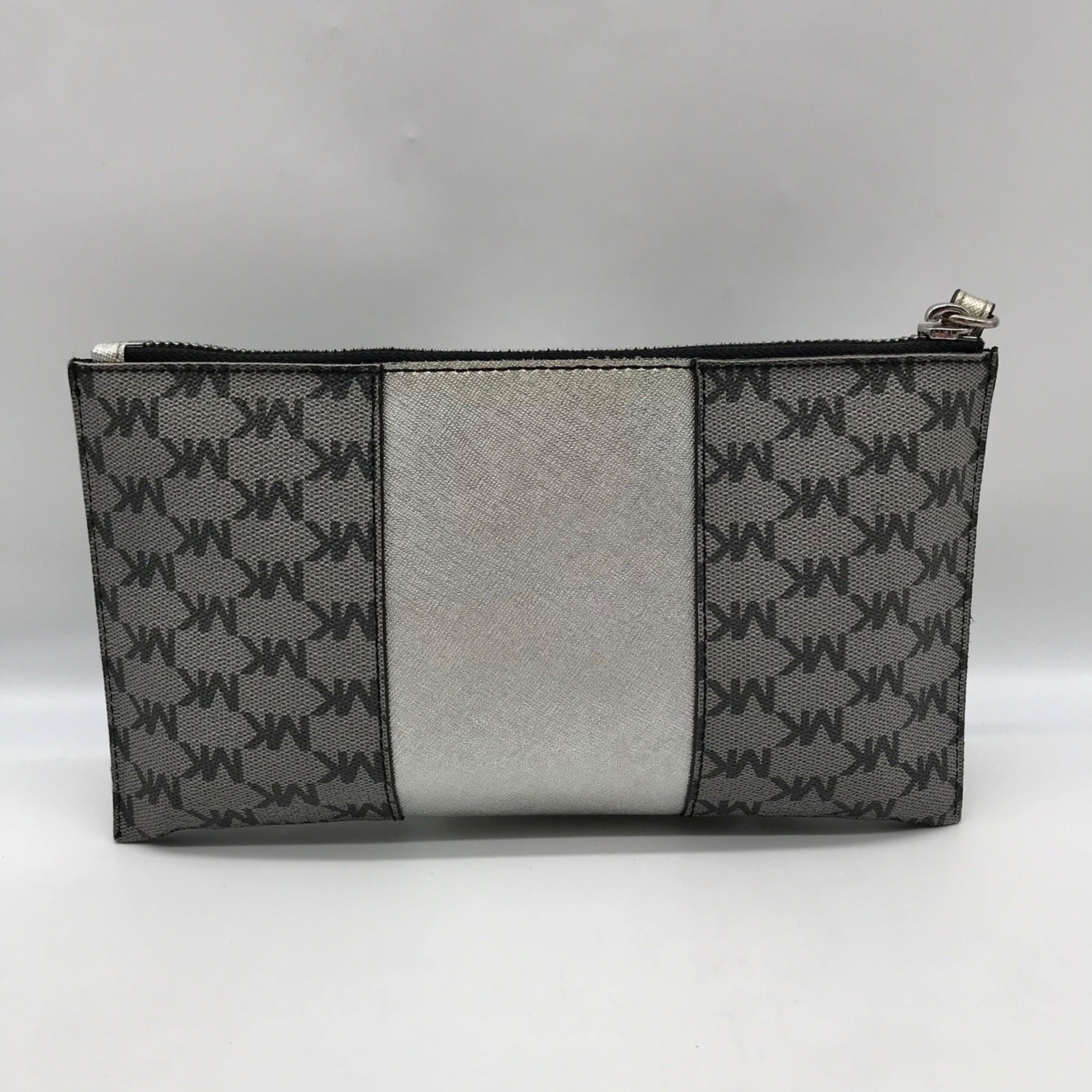 Michael Kors Silver and Gray Pebbled Leather Center Stripe Large Zip Wristlet