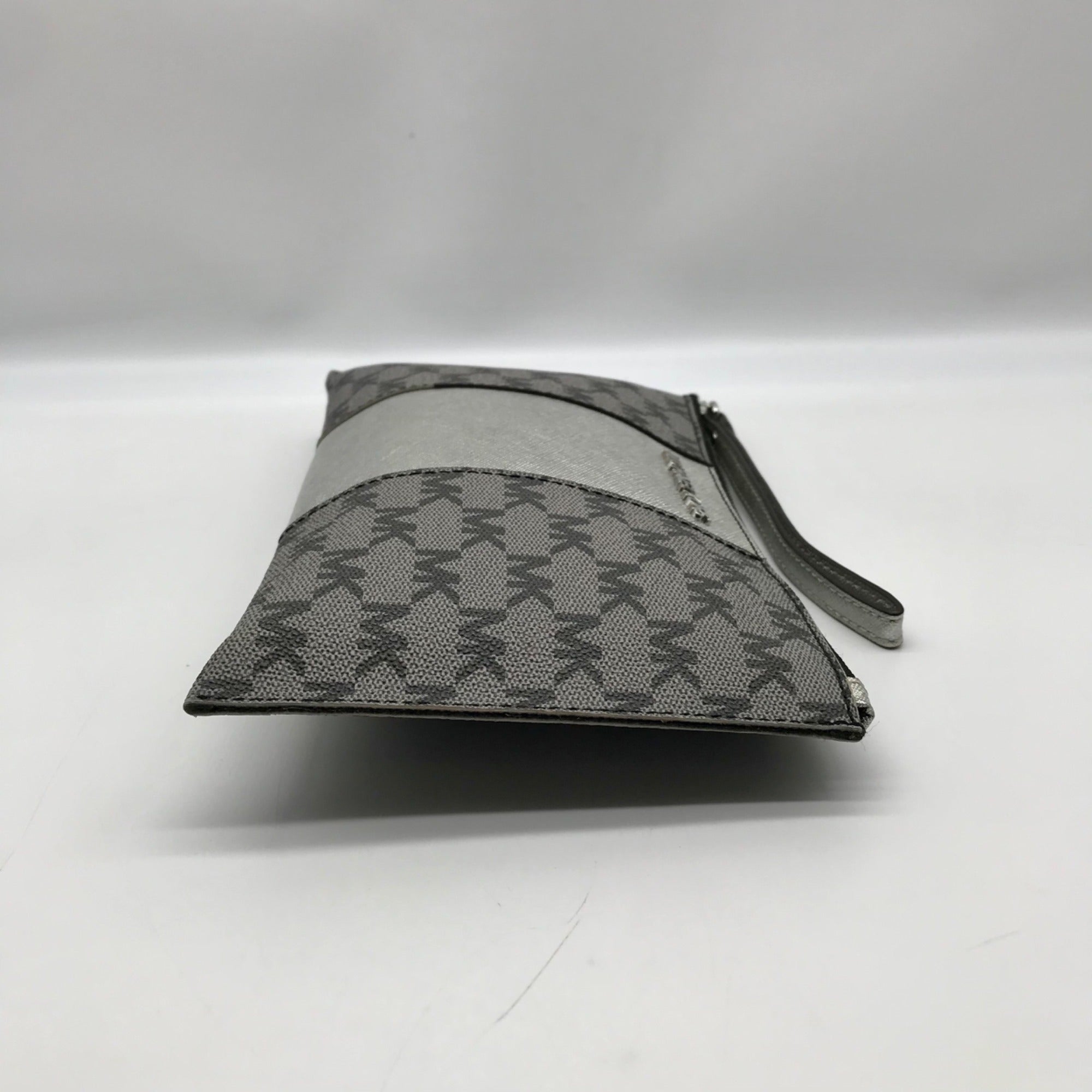 Michael Kors Silver and Gray Pebbled Leather Center Stripe Large Zip Wristlet