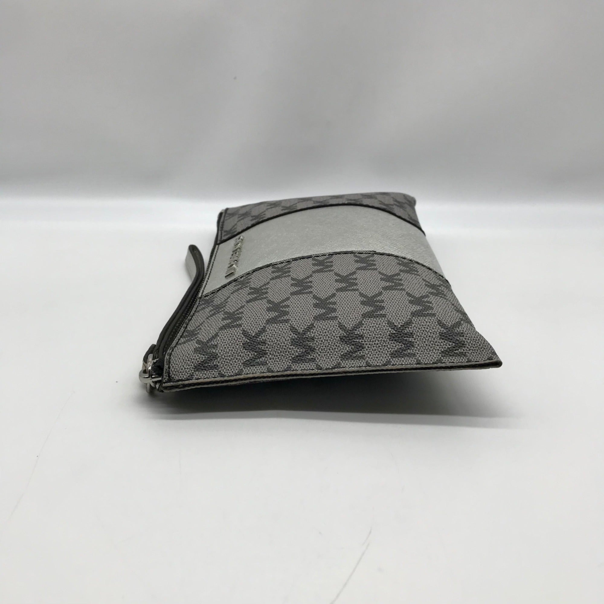 Michael Kors Silver and Gray Pebbled Leather Center Stripe Large Zip Wristlet