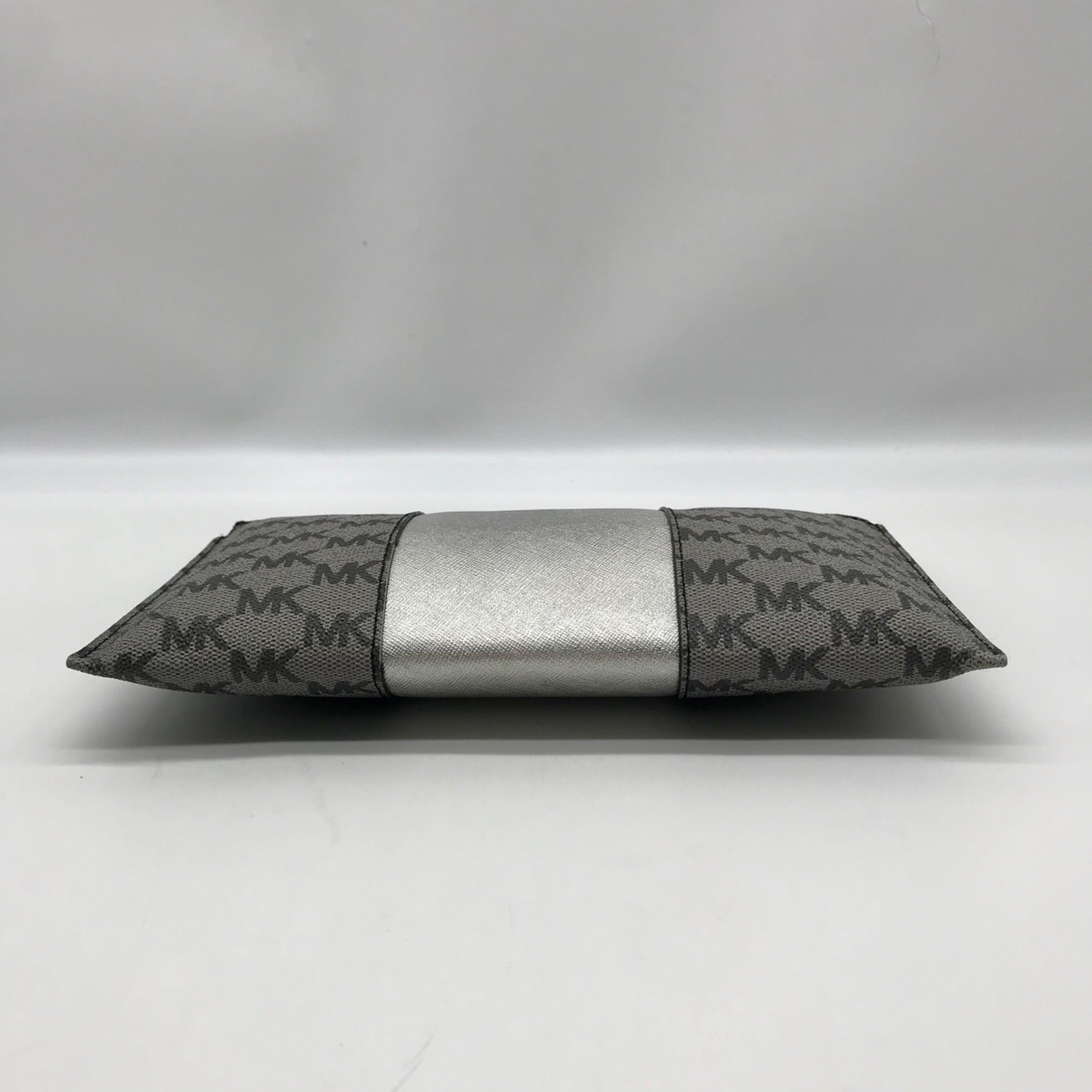 Michael Kors Silver and Gray Pebbled Leather Center Stripe Large Zip Wristlet