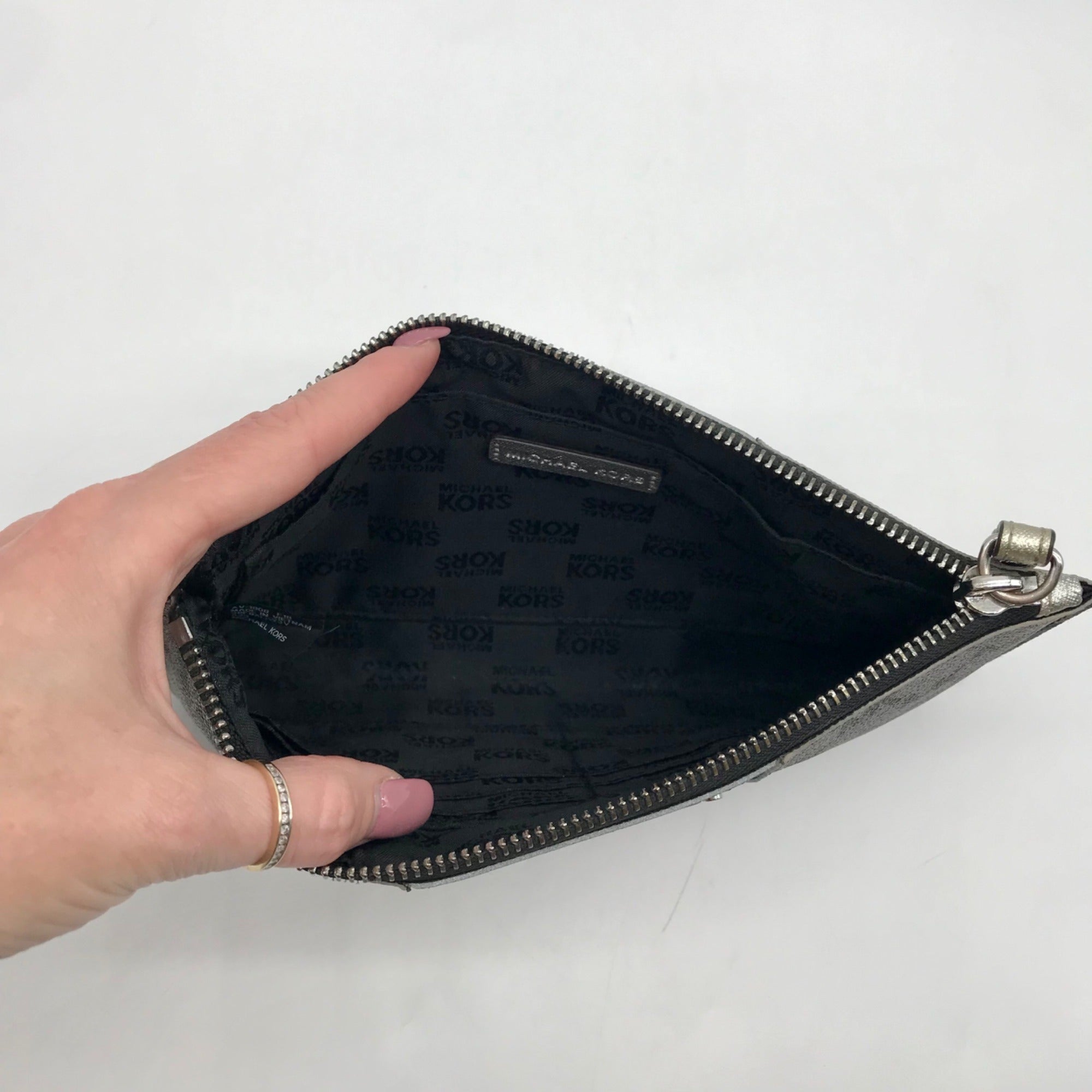 Michael Kors Silver and Gray Pebbled Leather Center Stripe Large Zip Wristlet